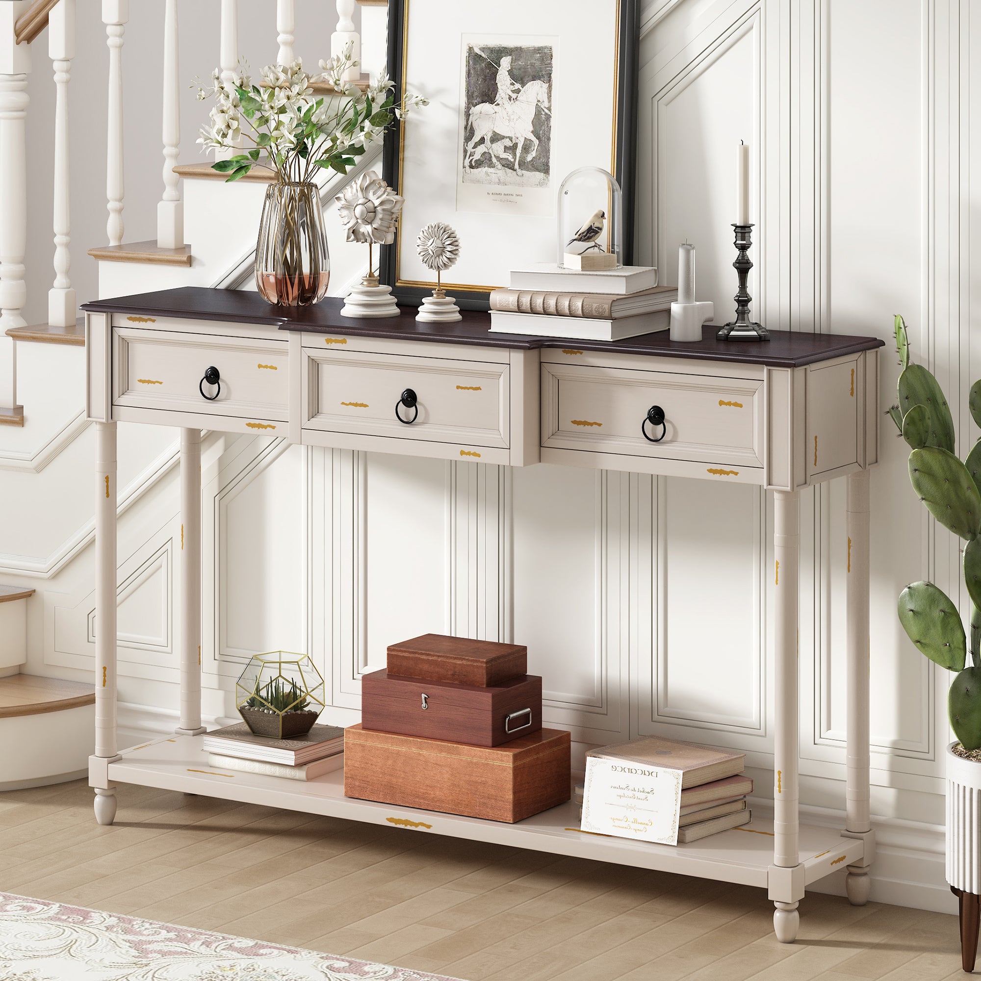 Console Table Sofa Table with Drawers for beige-solid wood+mdf