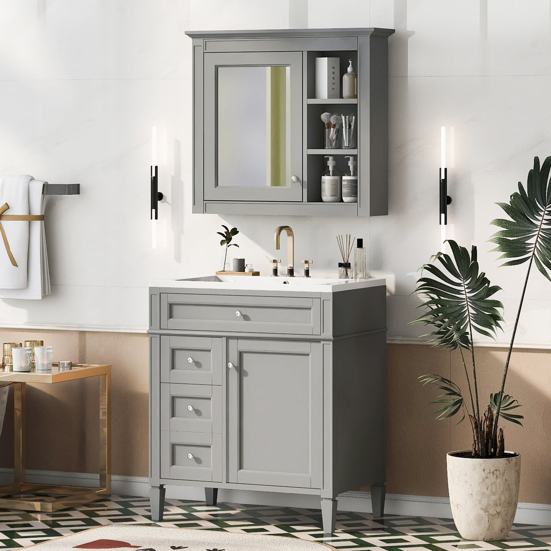 30'' Bathroom Vanity With Top Sink, Modern Bathroom Storage Cabinet With 2 Drawers And A Tip Out Drawer, Freestanding Vanity Set With Mirror Cabinet, Single Sink Bathroom Vanity 3 Grey 2 5 Bathroom Freestanding Solid Wood Mdf Resin Painted