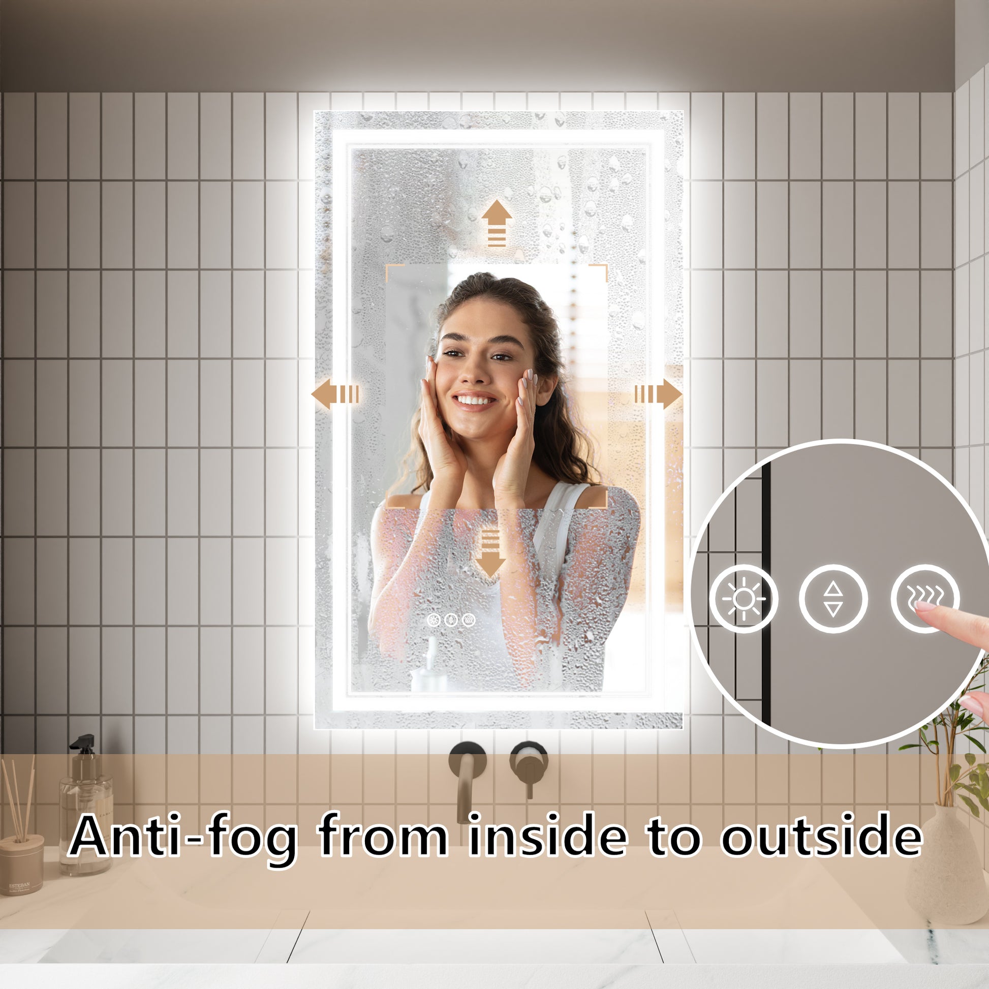 Led Bathroom Mirror, 24X40 Inch Bathroom Vanity Mirrors With Lights, Mirrors For Wall With Smart Touch Button, Anti Fog, Memory Function, Stepless Dimmable Makeup Mirror Horizontal Vertical White Aluminium