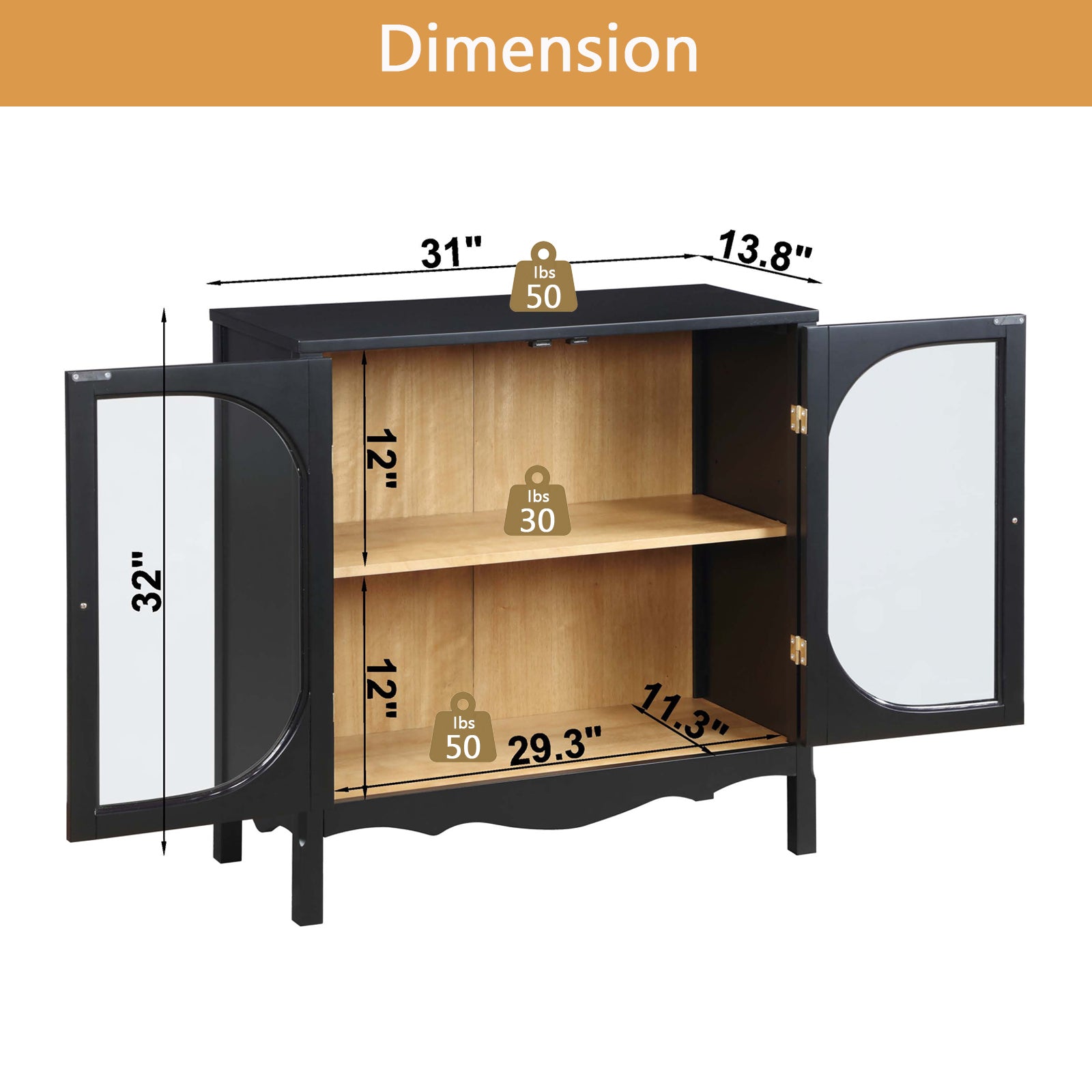 Storage Cabinet,Sideboard Buffet Cabinet,Display Cabinet With 2 Tempered Glass Doors, Adjustable Shelves, For Home Office, Living Room, Bedroom,Black Black Acacia Wood