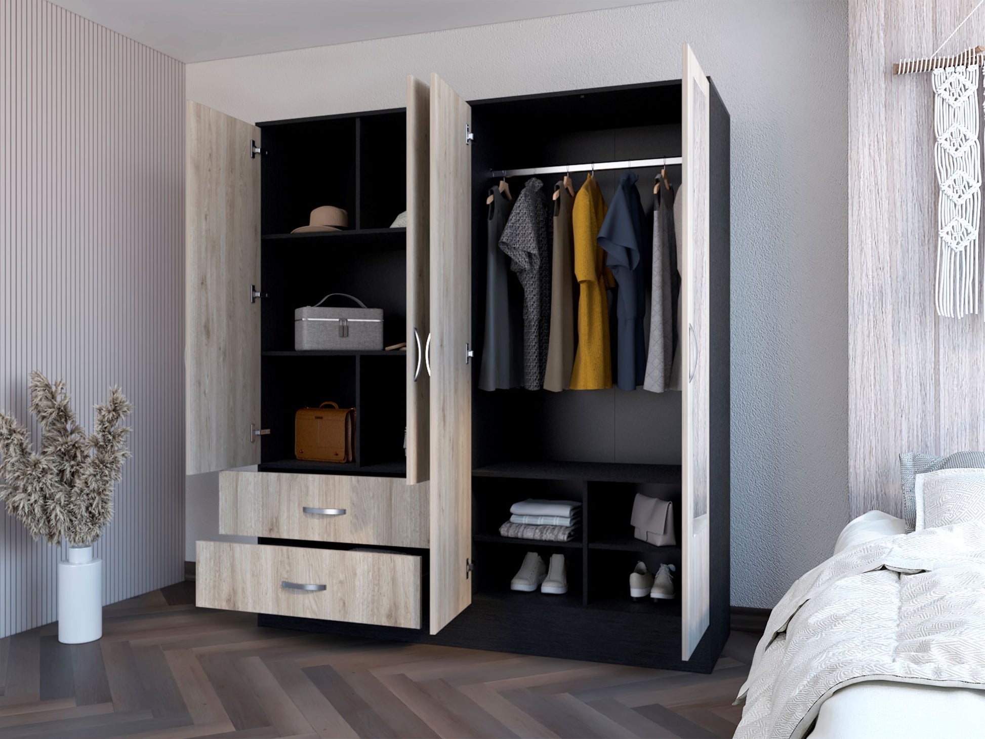 Armoire Ron, Bedroom, Black Light Gray Light Gray Particle Board Engineered Wood