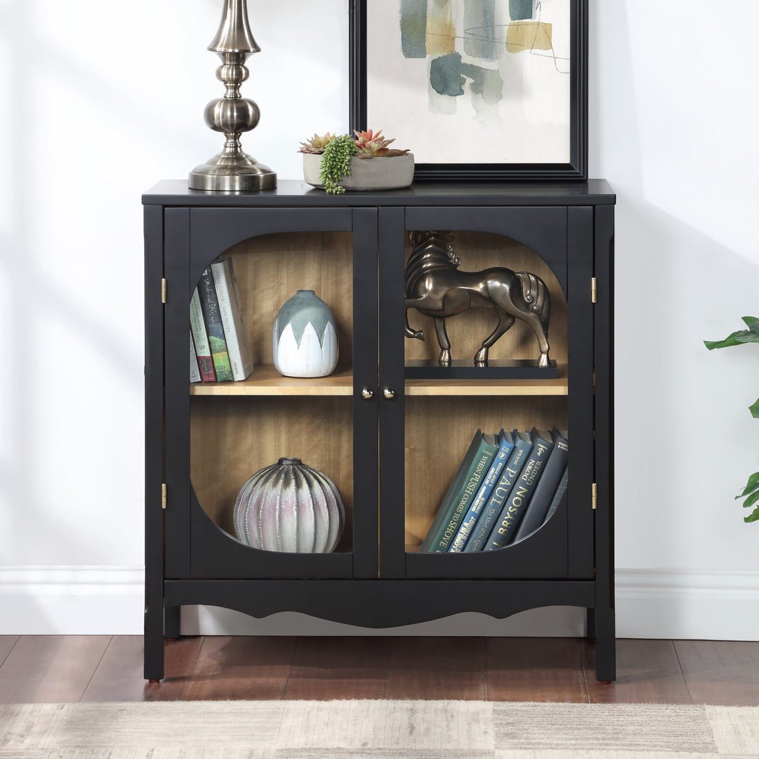 Storage Cabinet,Sideboard Buffet Cabinet,Display Cabinet With 2 Tempered Glass Doors, Adjustable Shelves, For Home Office, Living Room, Bedroom,Black Black Acacia Wood