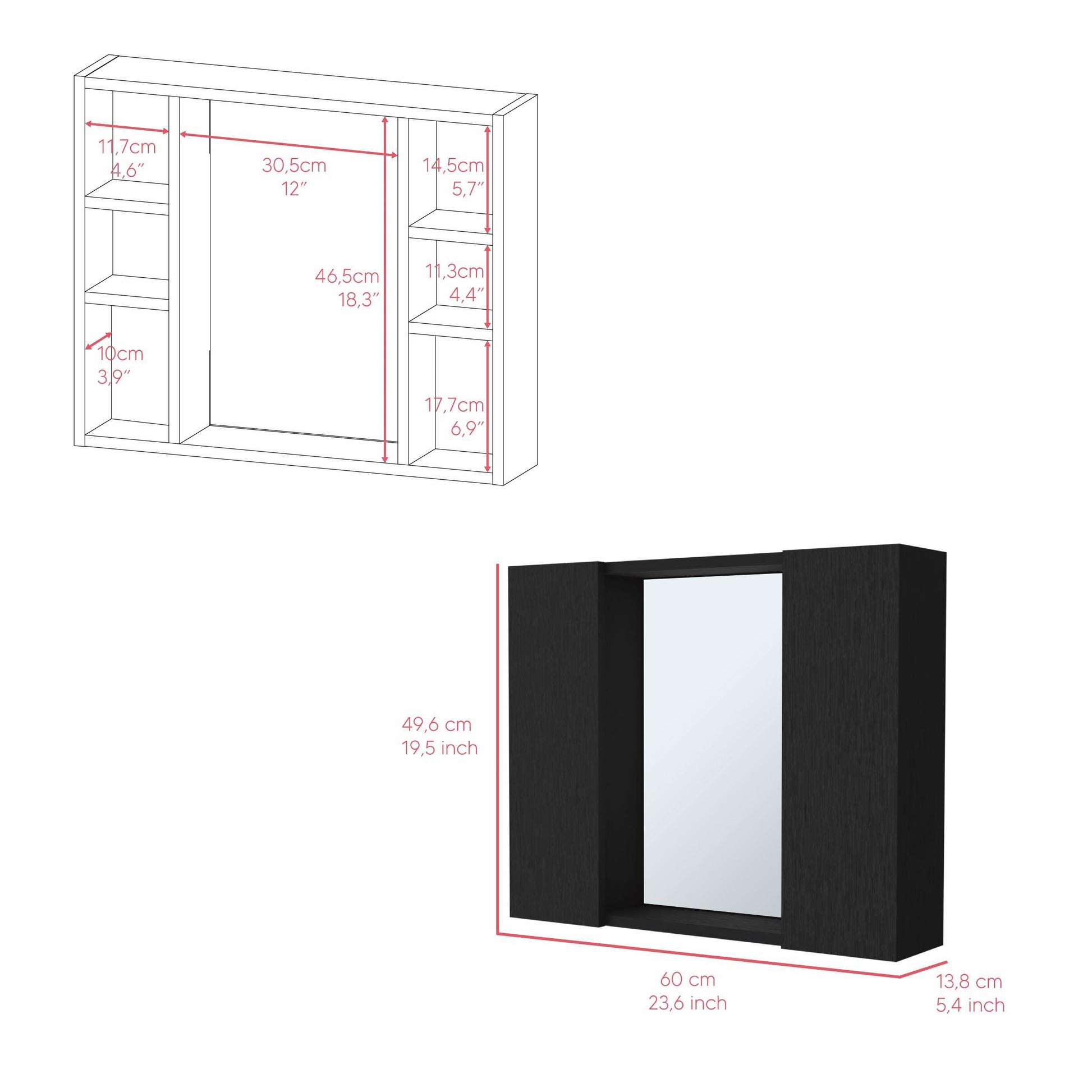 Medicine Cabinet Hops, Double Door, Mirror, One External Shelf, Black Wengue Finish Black Particle Board