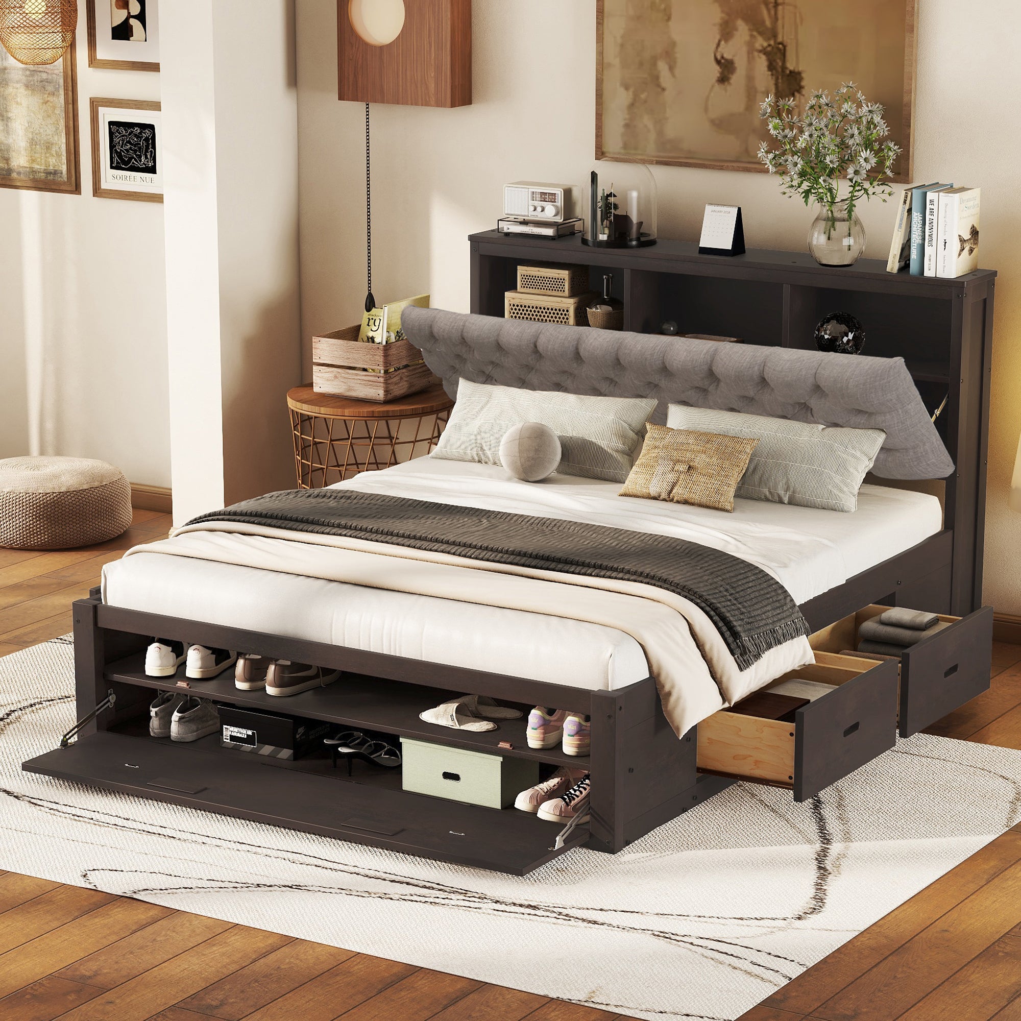 Wood Queen Size Platform Bed With Storage Headboard, Shoe Rack And 4 D