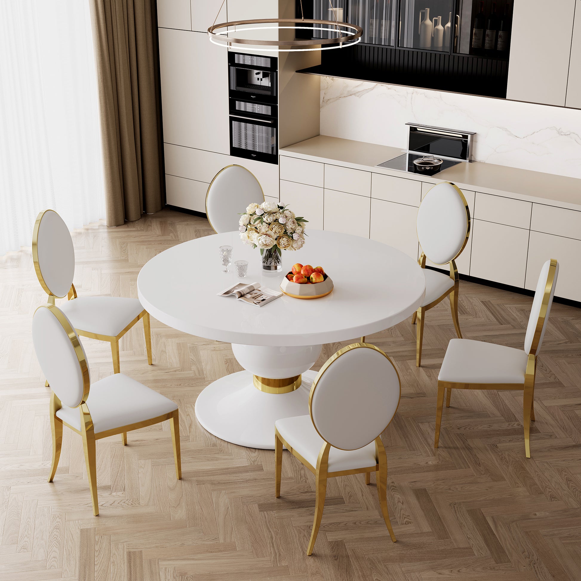 59" Round White Mdf Dining Table, Base With Gold Finish Stainless Steel Circle White Gold Mdf