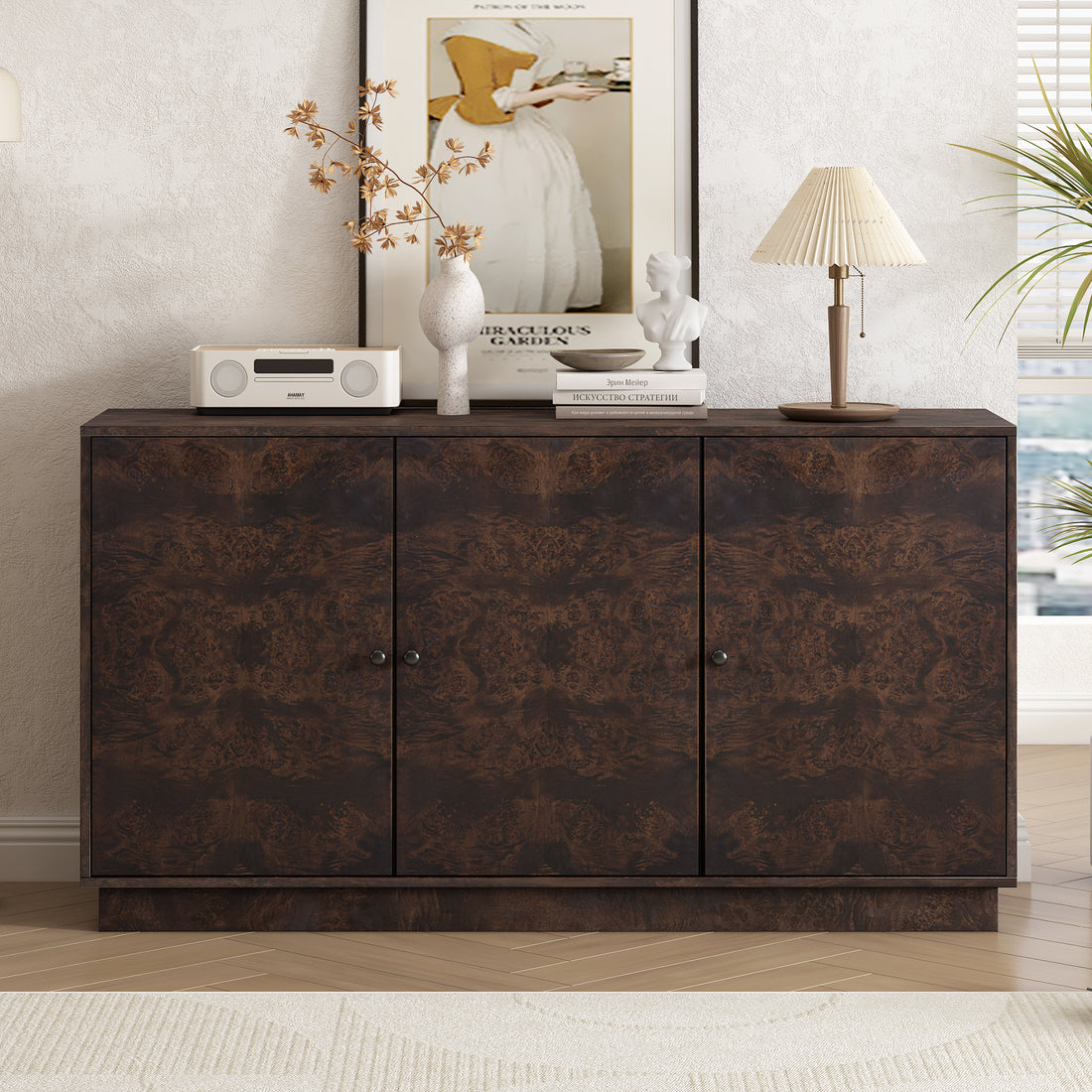 Wood Pattern Storage Cabinet With 3 Doors, Suitable For Hallway, Entryway And Living Rooms. Brown Mdf