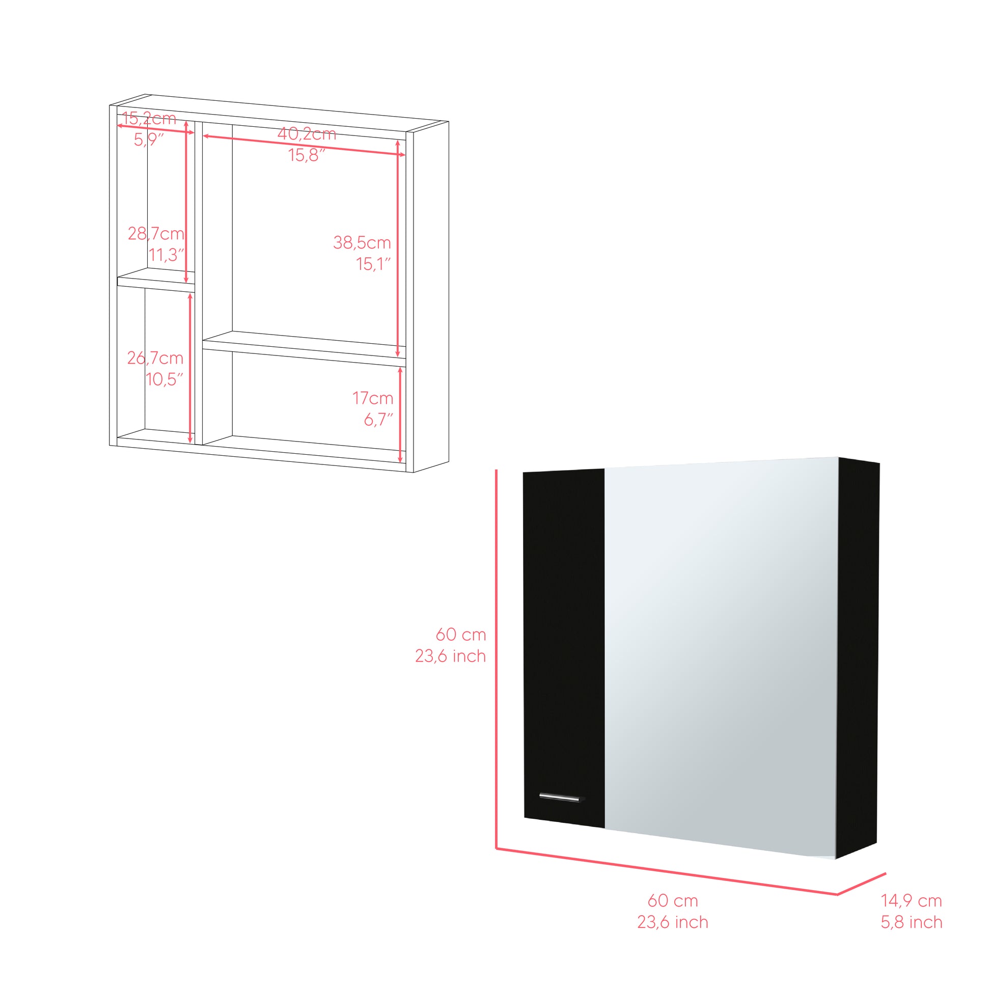 Medicine Cabinet Prague, Four Internal Shelves, Single Door, Black Wengue Finish Black Particle Board