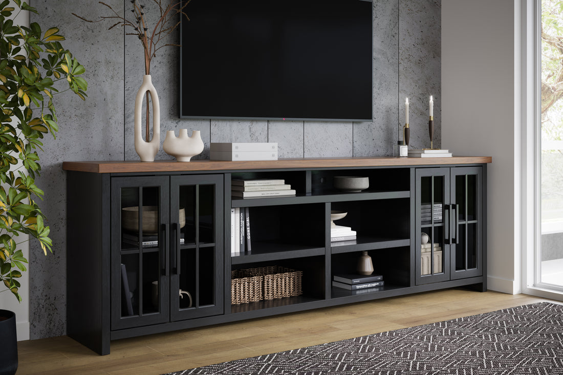 Essex 96 Inch Tv Stand Console For Tvs Up To 100 Inches, No Assembly Requried, Black And Whiskey Finish Black Primary Living Space 90 Inches Or Larger 90 Inches Or Larger Coastal,Farmhouse Poplar 85 Inches Wood