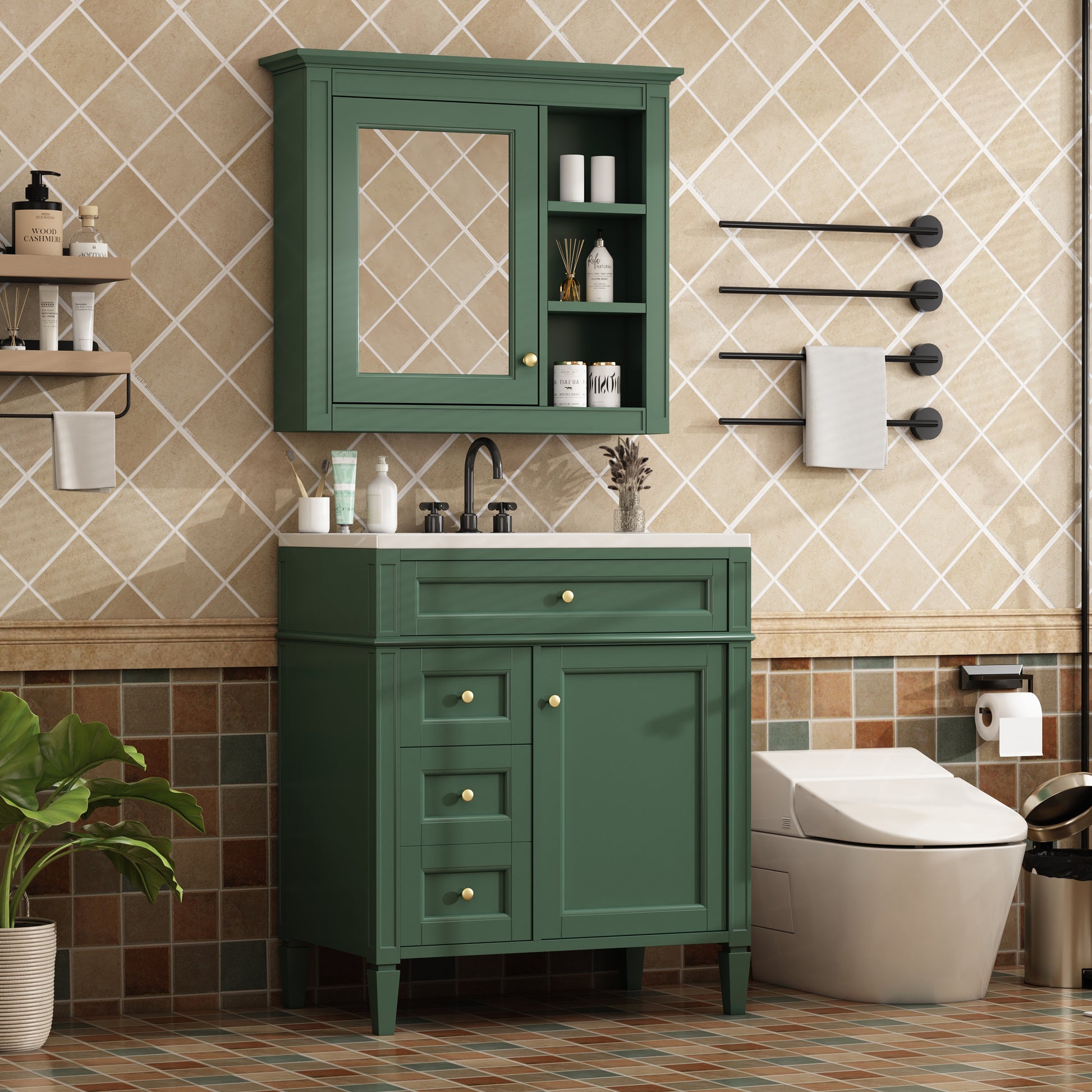 30'' Bathroom Vanity With Top Sink, Modern Bathroom Storage Cabinet With 2 Drawers And A Tip Out Drawer, Freestanding Vanity Set With Mirror Cabinet, Single Sink Bathroom Vanity 3 Green 2 5 Bathroom Freestanding Solid Wood Mdf Resin Painted