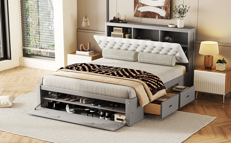 Wood Queen Size Platform Bed With Storage Headboard, Shoe Rack And 4 Drawers,Gray Box Spring Not Required Queen Gray Wood Bedroom Bed Frame Solid Wood Mdf