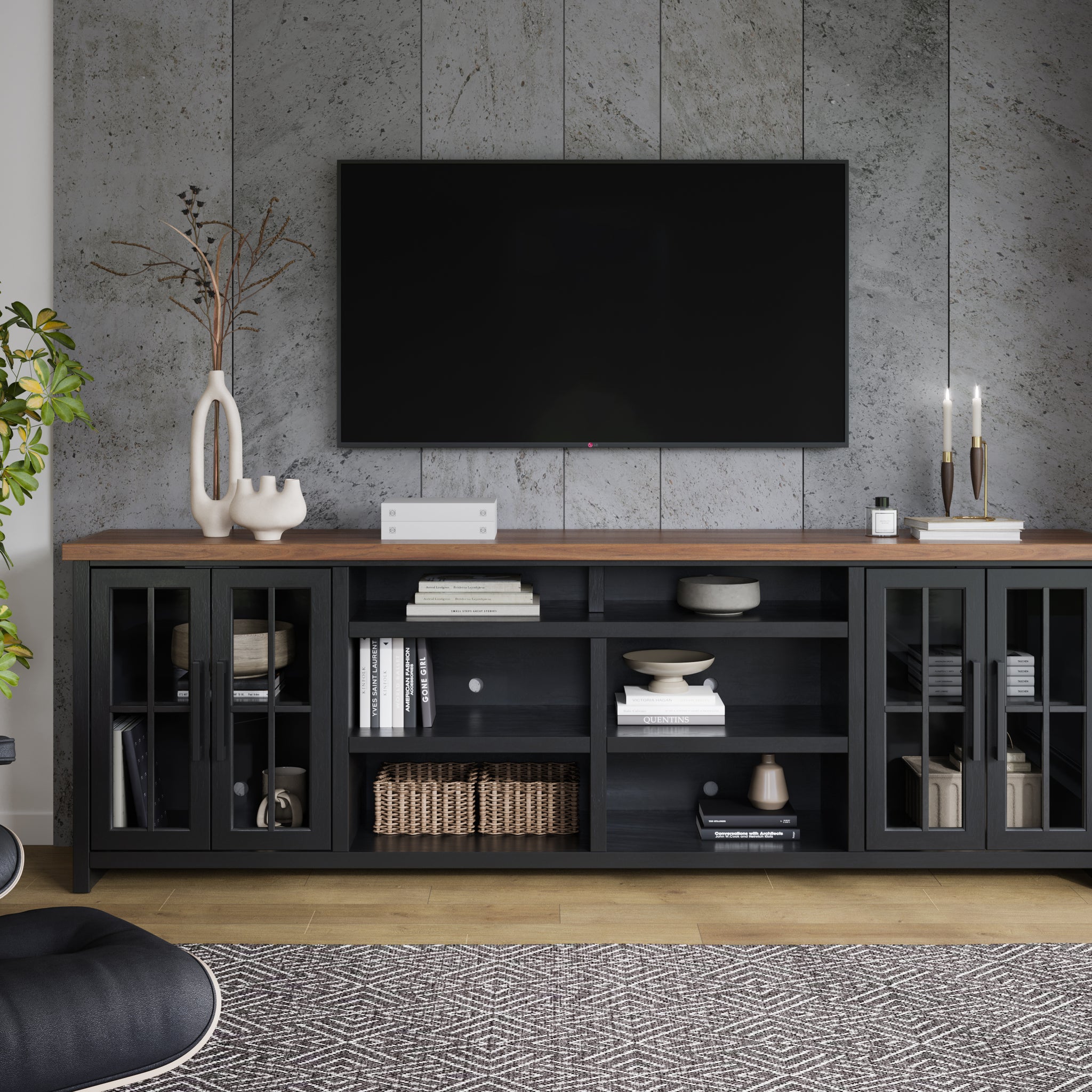 Essex 96 Inch Tv Stand Console For Tvs Up To 100 Inches, No Assembly Requried, Black And Whiskey Finish Black Primary Living Space 90 Inches Or Larger 90 Inches Or Larger Coastal,Farmhouse Poplar 85 Inches Wood