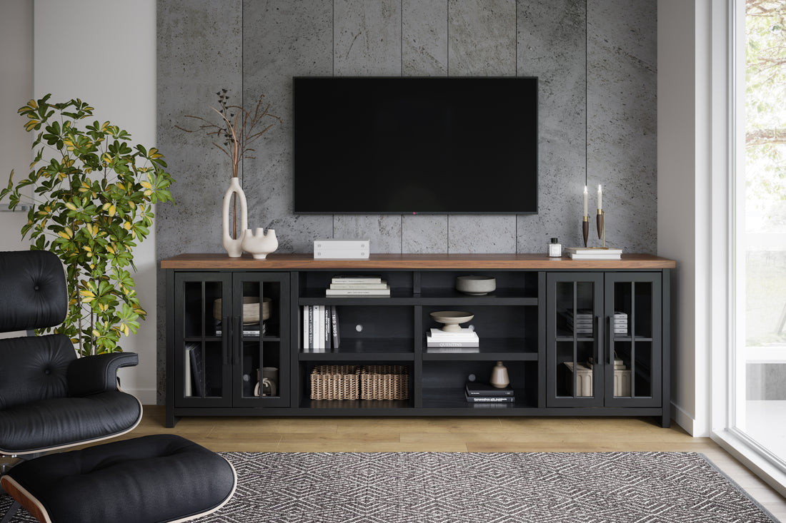 Essex 96 Inch Tv Stand Console For Tvs Up To 100 Inches, No Assembly Requried, Black And Whiskey Finish Black Primary Living Space 90 Inches Or Larger 90 Inches Or Larger Coastal,Farmhouse Poplar 85 Inches Wood