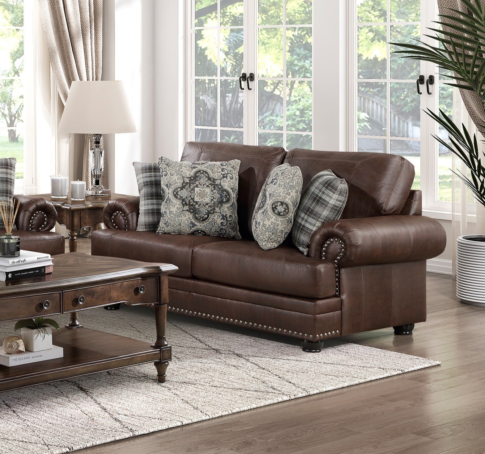 Dark Brown 1Pc Loveseat Traditional Design Rolled Arms Polished Microfiber Upholstered Trim 4 Pillows Solid Wood Frame Living Room Furniture Dark Brown Microfiber Wood Primary Living Space Traditional Rolled Arms Wood