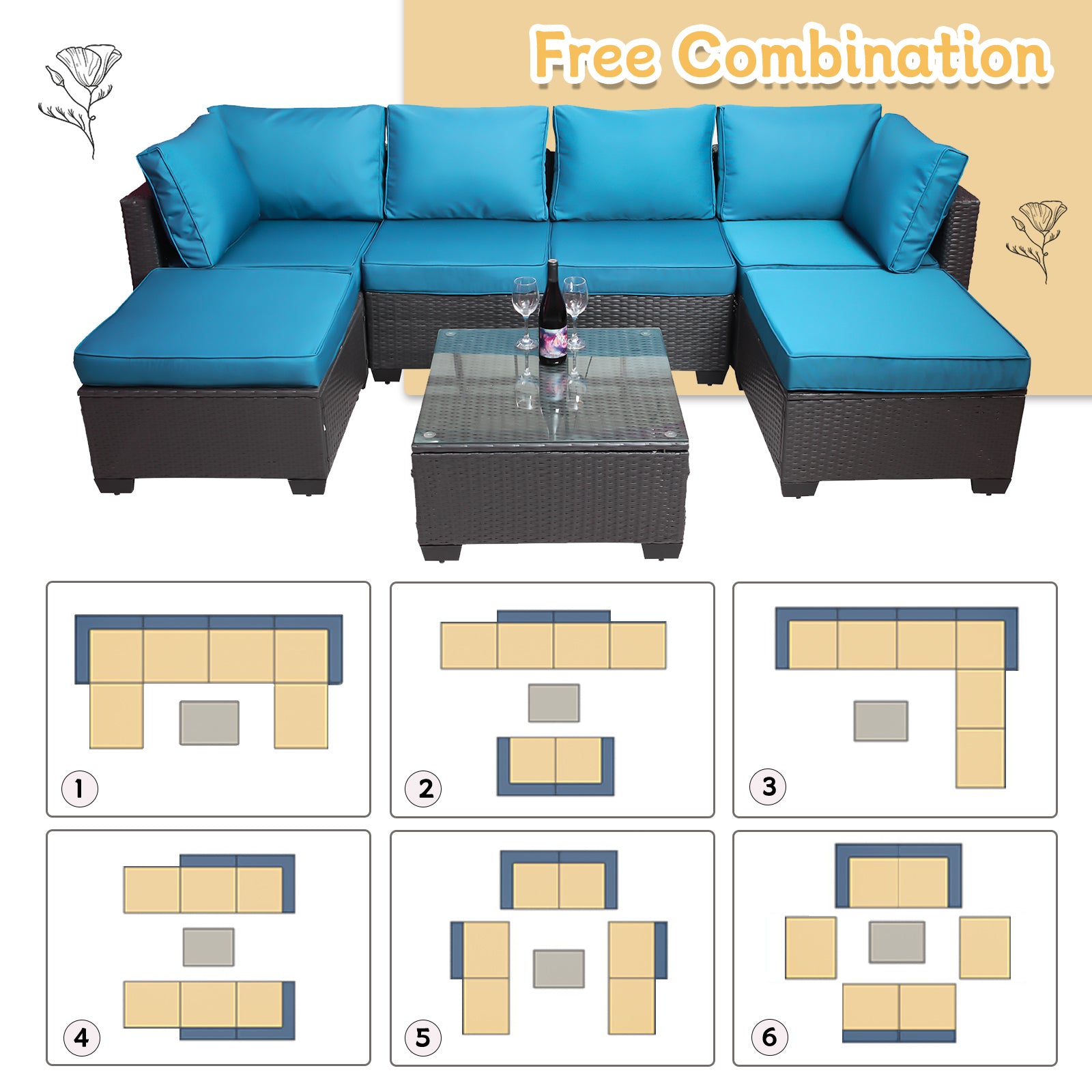 Outdoor Garden Patio Furniture 7 Piece Pe Rattan Wicker Cushioned Sofa Sets And Coffee Table, Patio Furniture Set Outdoor Couch Outdoor Couch Patio Furniture Outdoor Sofa Patio Couch Yes Complete Patio Set Black Blue Rust Resistant Frame Water Resistant