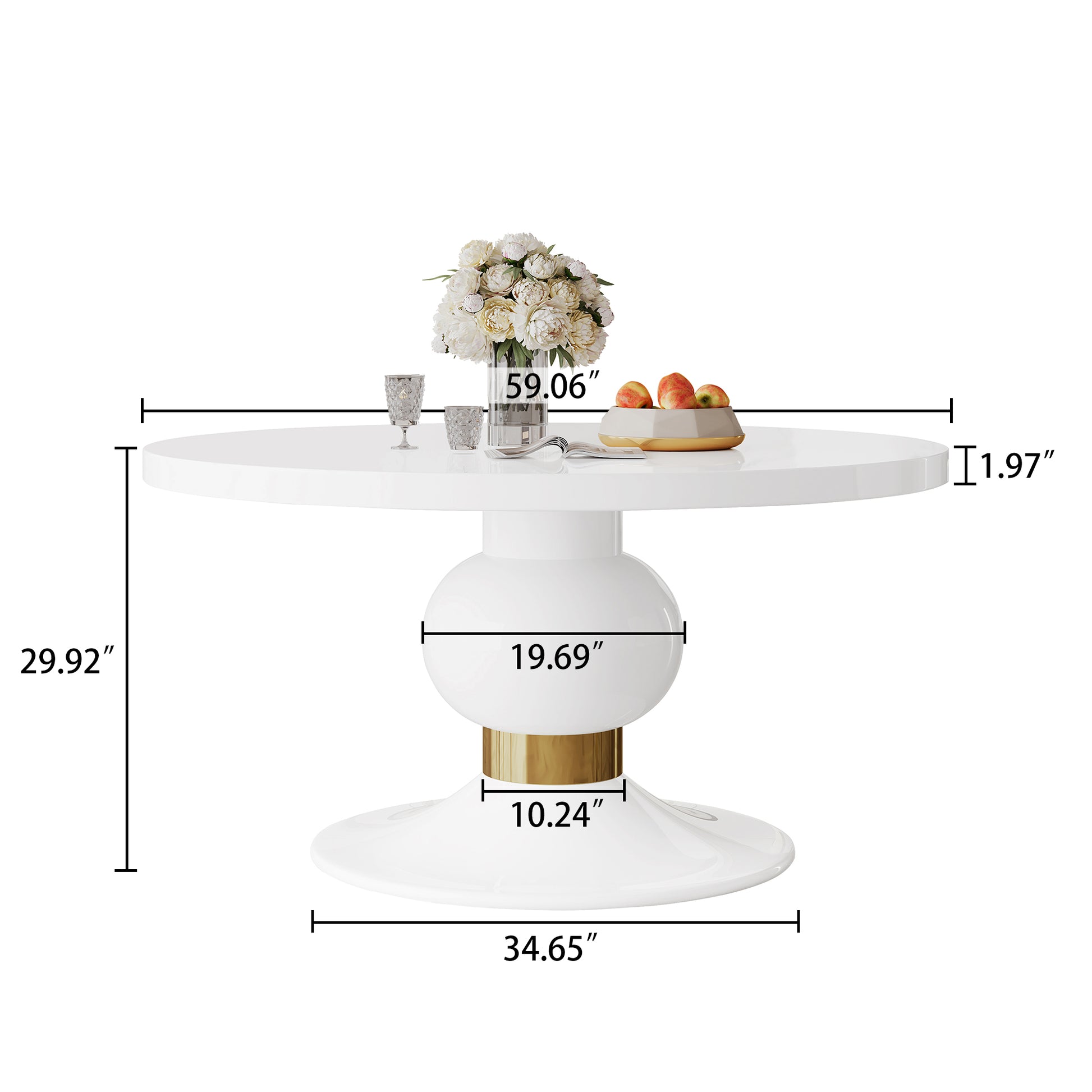 59" Round White Mdf Dining Table, Base With Gold Finish Stainless Steel Circle White Gold Mdf