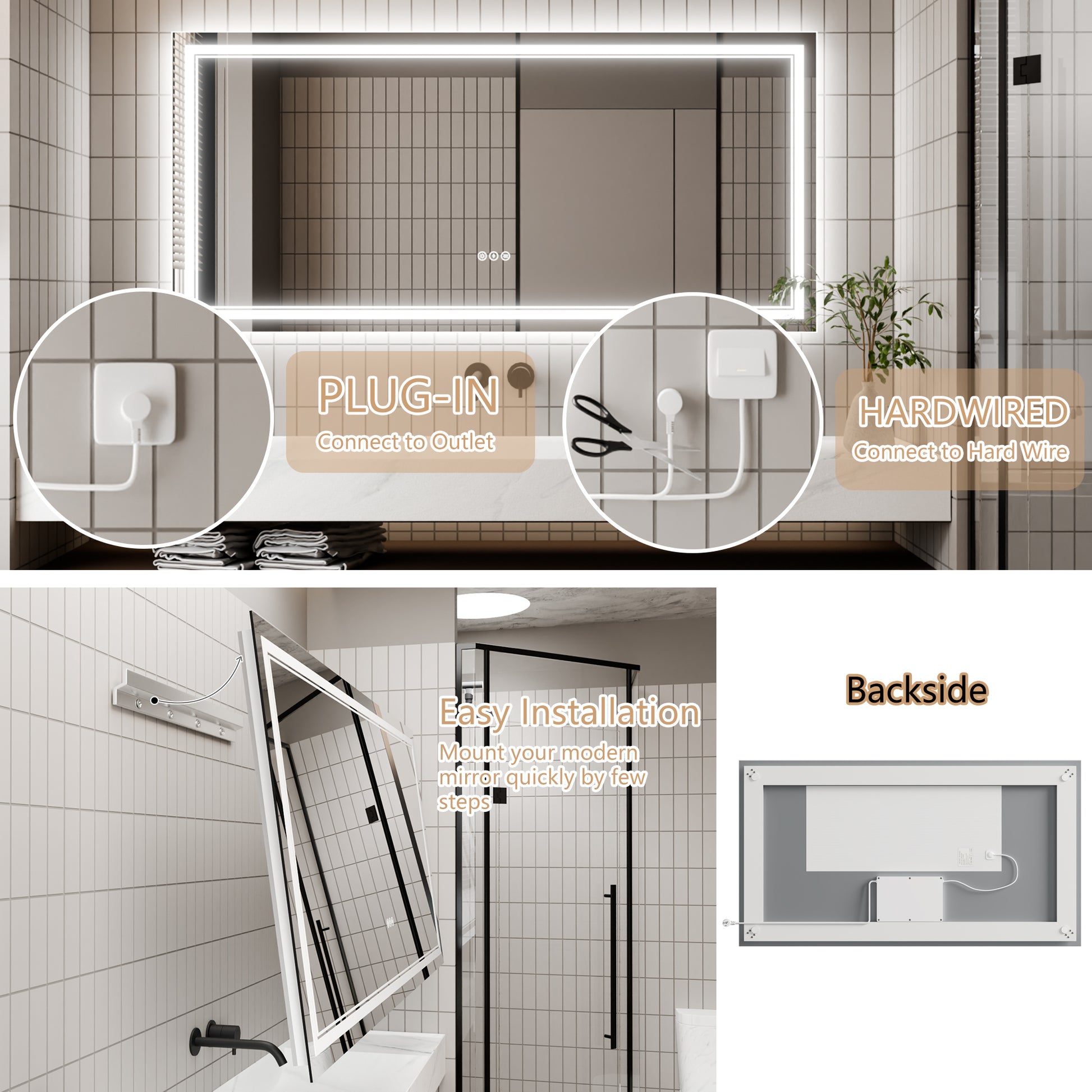 Led Bathroom Mirror, 28X60 Inch Bathroom Vanity Mirrors With Lights, Mirrors For Wall With Smart Touch Button, Anti Fog, Memory Function, Stepless Dimmable Makeup Mirror Horizontal Vertical White Aluminium