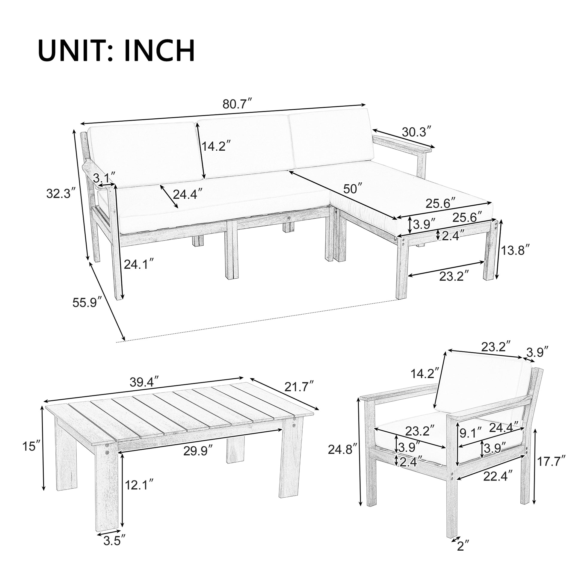 Multi Person Sofa Set With A Small Table, Suitable For Gardens, Backyards, And Balconies. Beige Acacia Wood