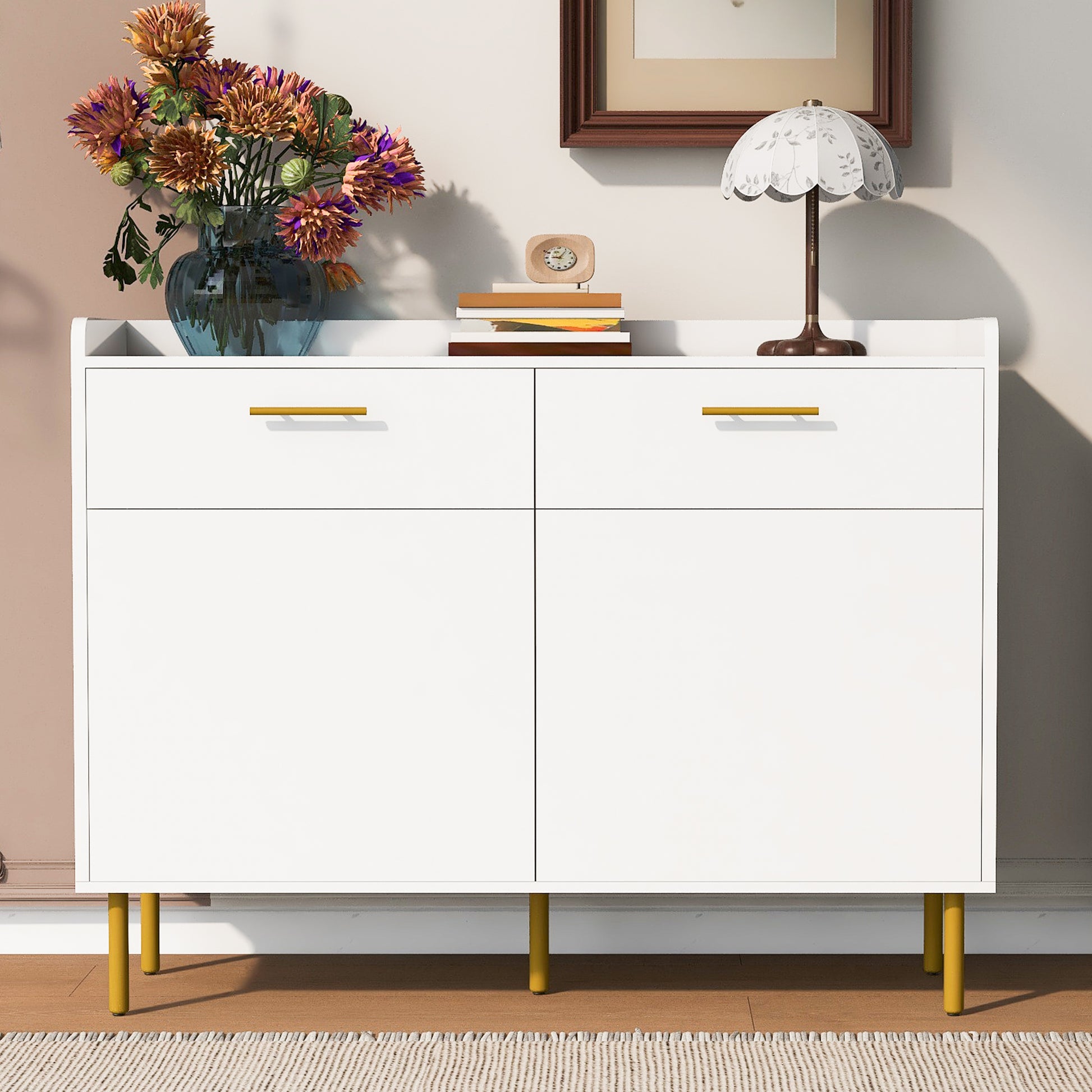 Wooden Storage Cabinet With Drawers, Steel Pipe Table Legs, Suitable For Hallway, Study, Living Room. White Mdf