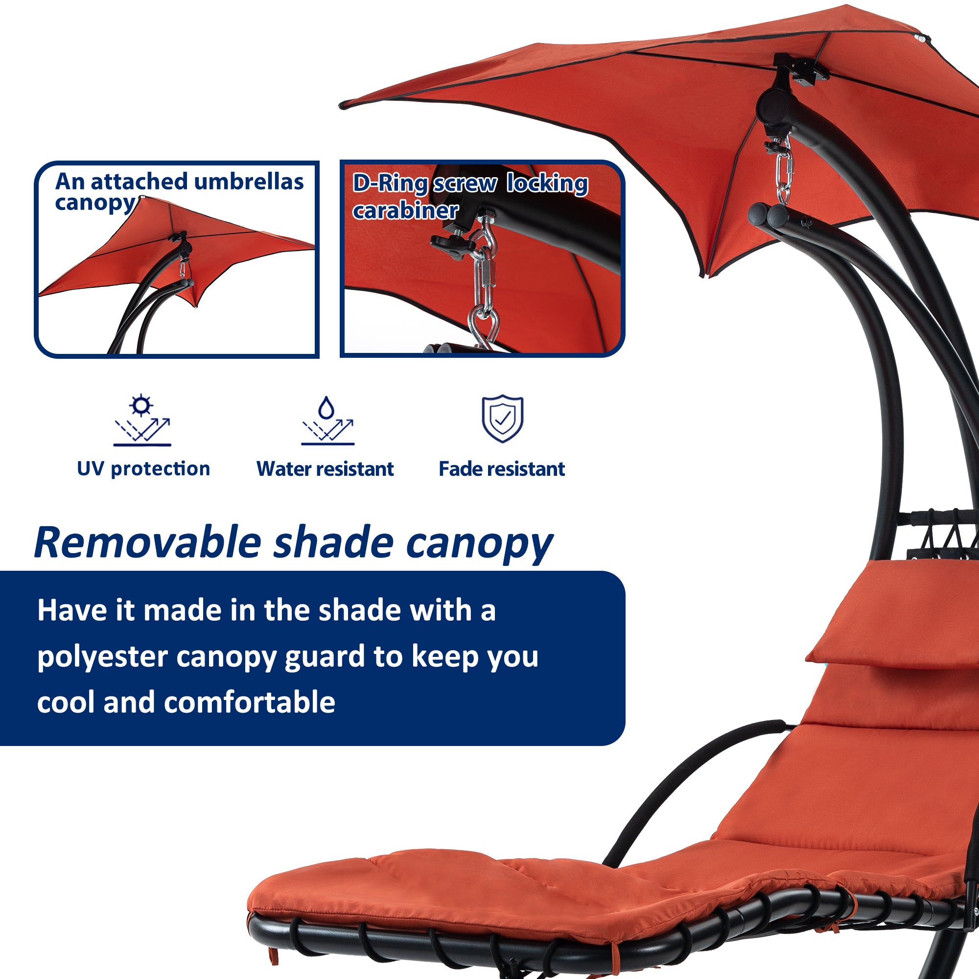 Hanging Chaise Lounger with Removable Canopy, Outdoor orange-metal