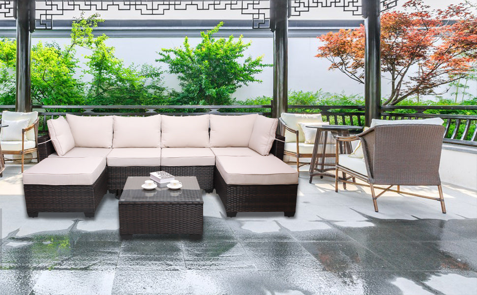 Outdoor Garden Patio Furniture 7 Piece Pe Rattan Wicker Cushioned Sofa Sets And Coffee Table, Patio Furniture Set Outdoor Couch Outdoor Couch Patio Furniture Outdoor Sofa Patio Couch Yes Complete Patio Set Brown Beige Rust Resistant Frame Water Resistant