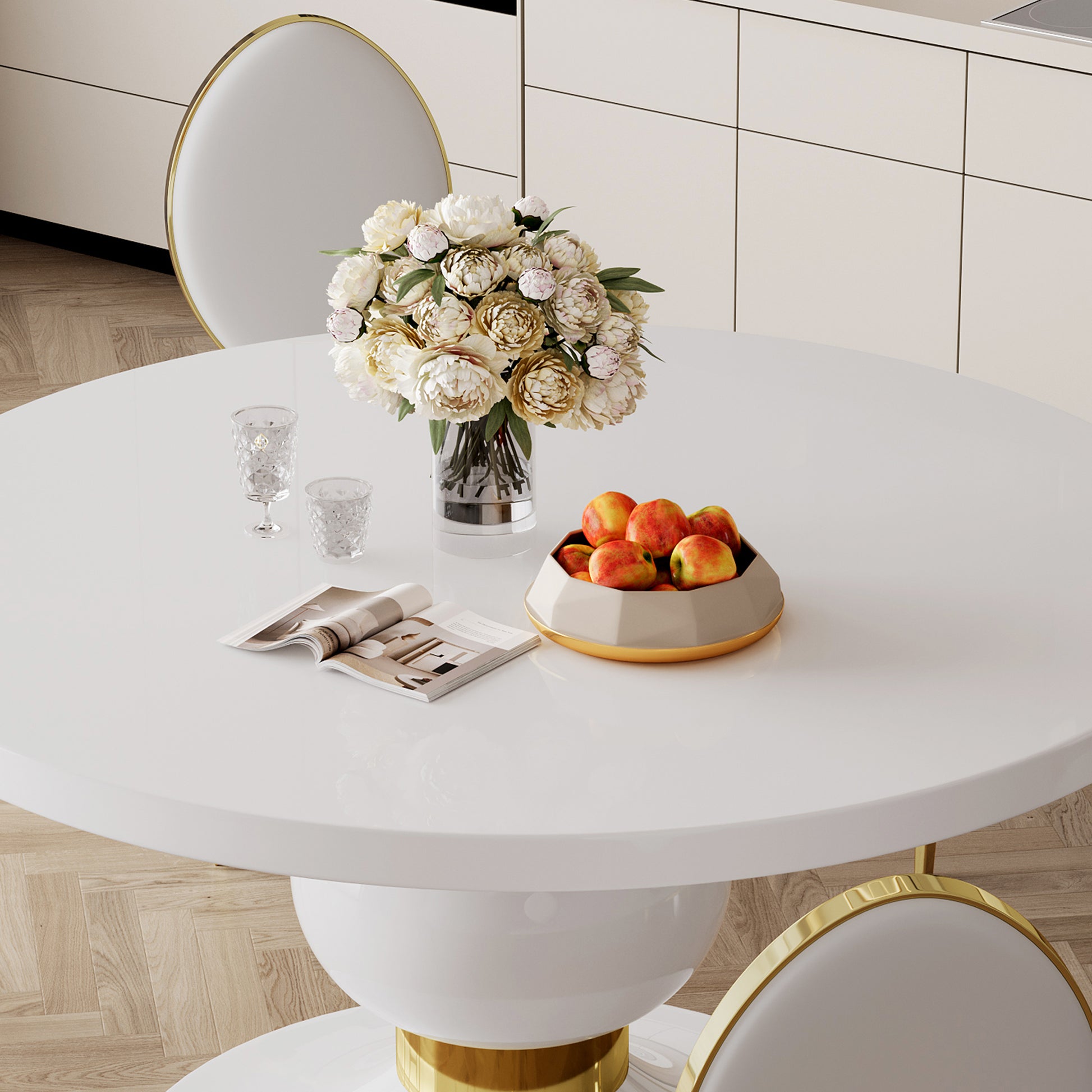 59" Round White Mdf Dining Table, Base With Gold Finish Stainless Steel Circle White Gold Mdf