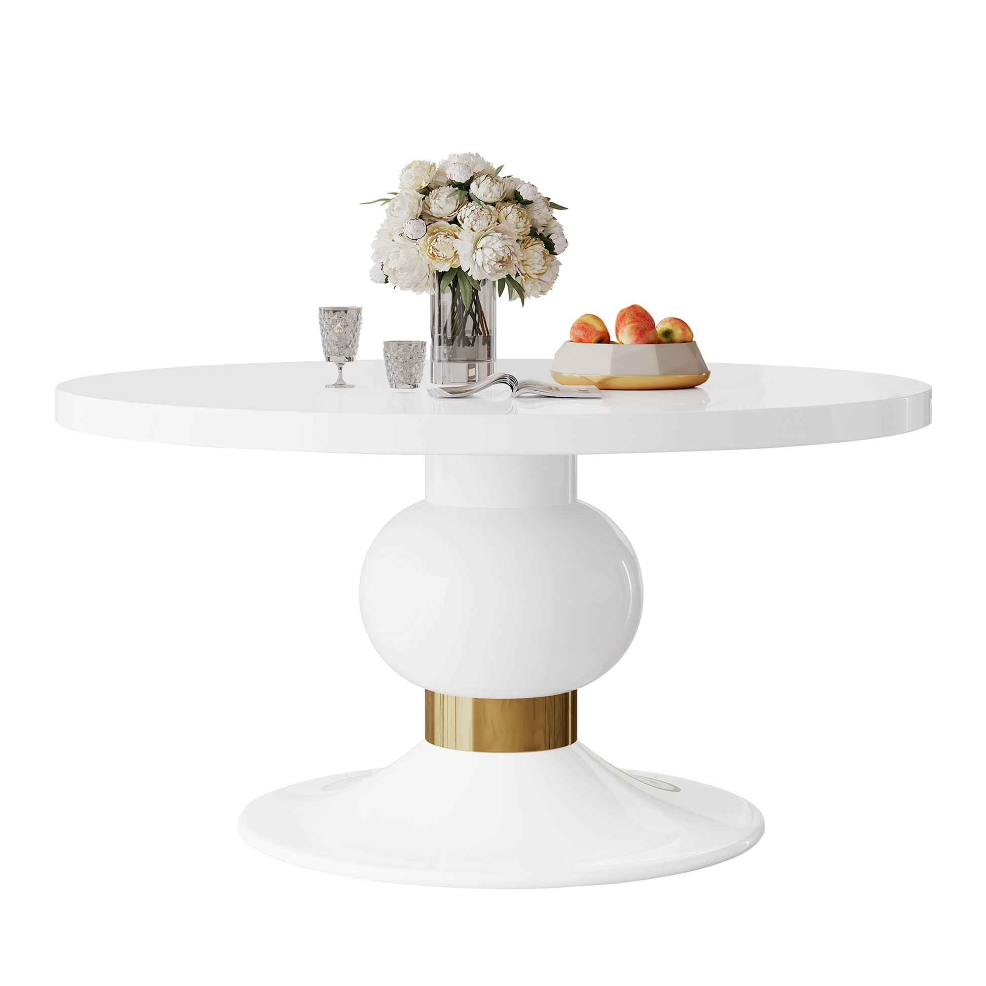 59" Round White Mdf Dining Table, Base With Gold Finish Stainless Steel Circle White Gold Mdf