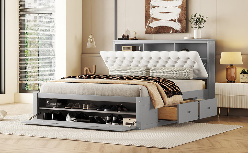 Wood Queen Size Platform Bed With Storage Headboard, Shoe Rack And 4 Drawers,Gray Box Spring Not Required Queen Gray Wood Bedroom Bed Frame Solid Wood Mdf