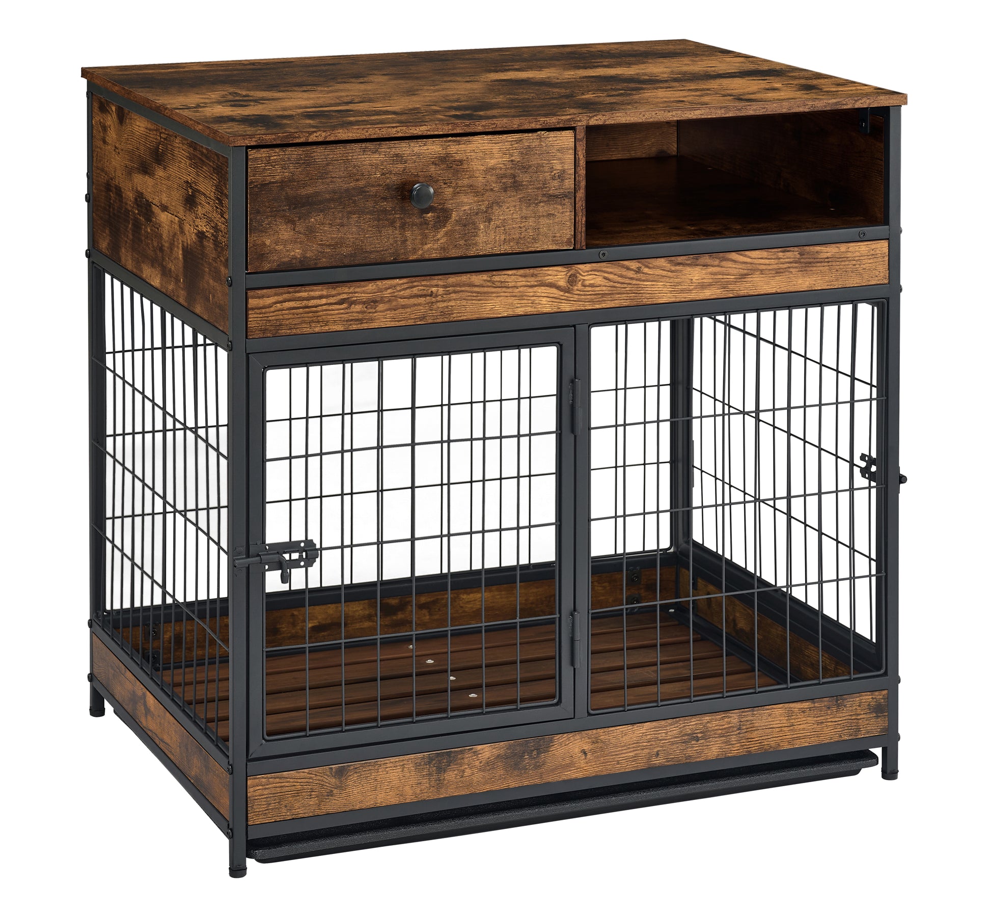 Furniture Dog Cage Crate With Double Doors ,Rustic Brown,31.5"Wx22.64"Dx30.59"H Antique Brown Metal & Wood