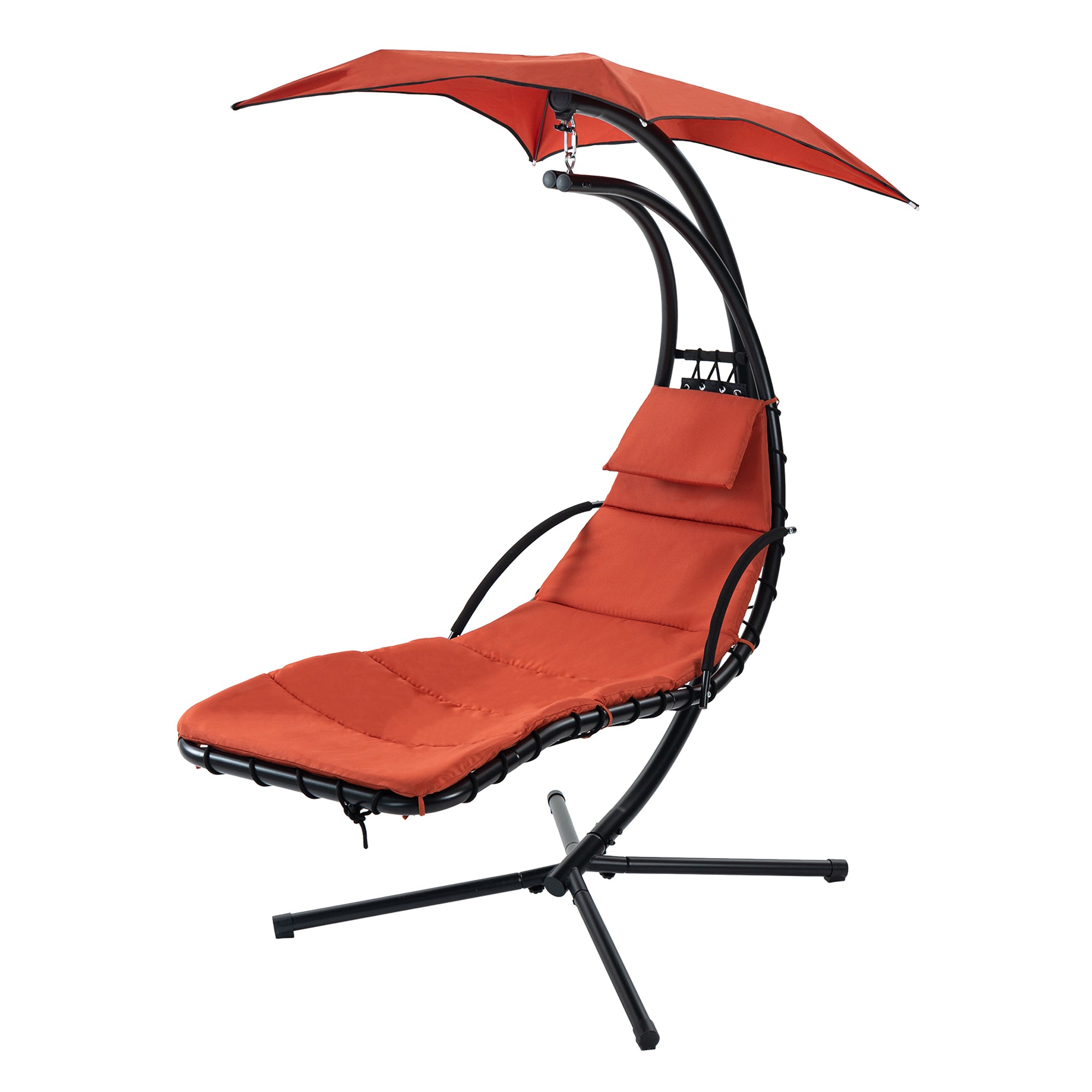 Hanging Chaise Lounger With Removable Canopy, Outdoor Swing Chair With Built In Pillow, Hanging Curved Chaise Lounge Chair Swing For Patio Porch Poolside, Hammock Chair With Stand Orange Orange