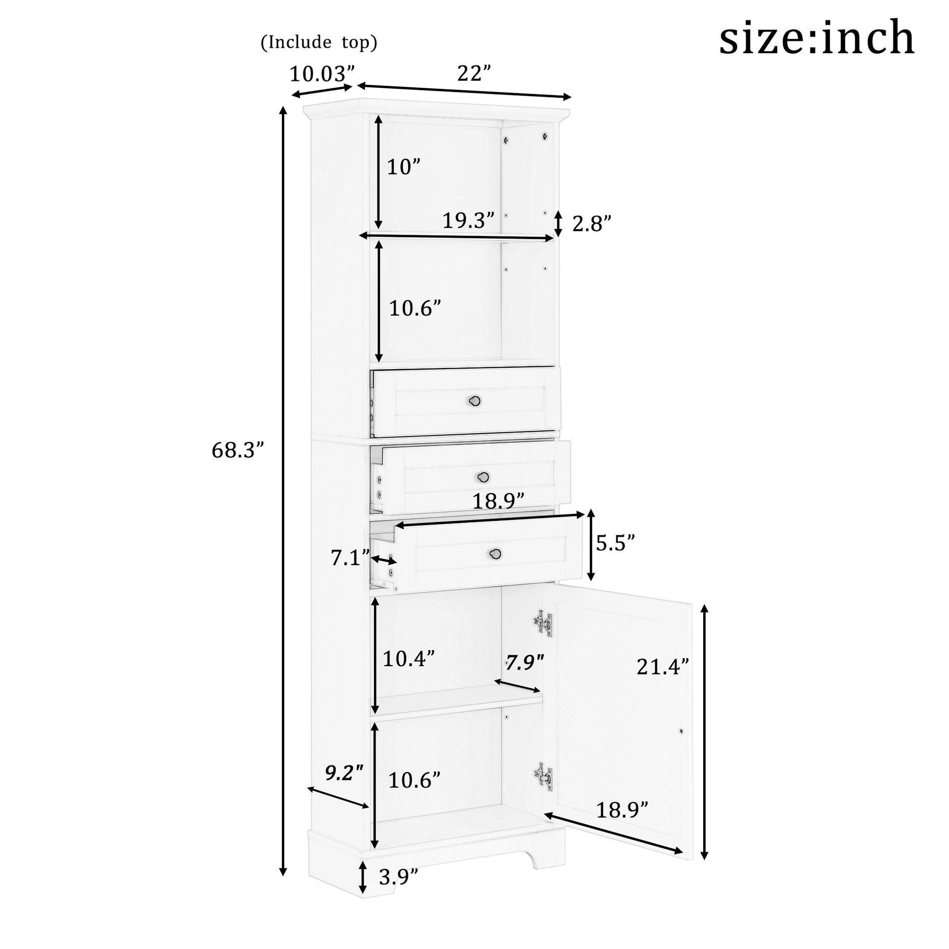 White Tall Storage Cabinet with 3 Drawers and white-mdf