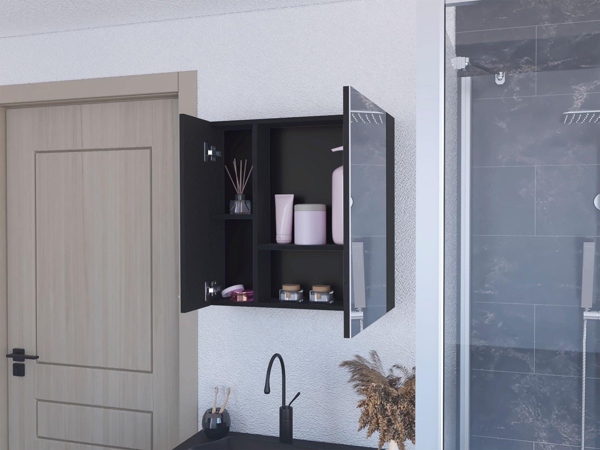 Medicine Cabinet Prague, Four Internal Shelves, Single Door, Black Wengue Finish Black Particle Board