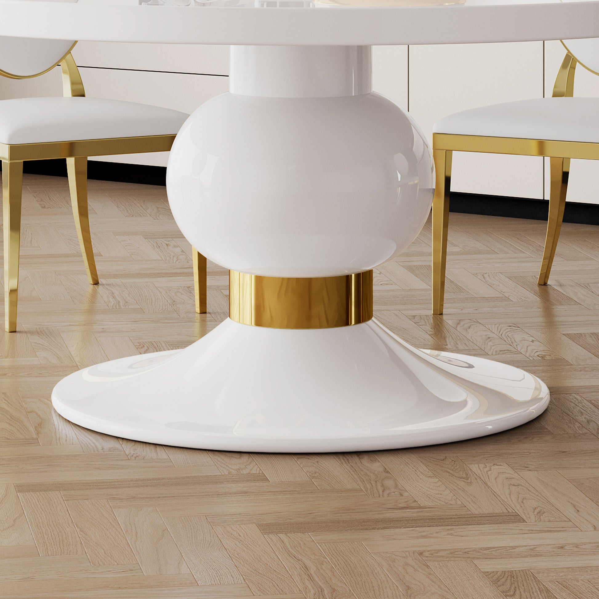 59" Round White Mdf Dining Table, Base With Gold Finish Stainless Steel Circle White Gold Mdf