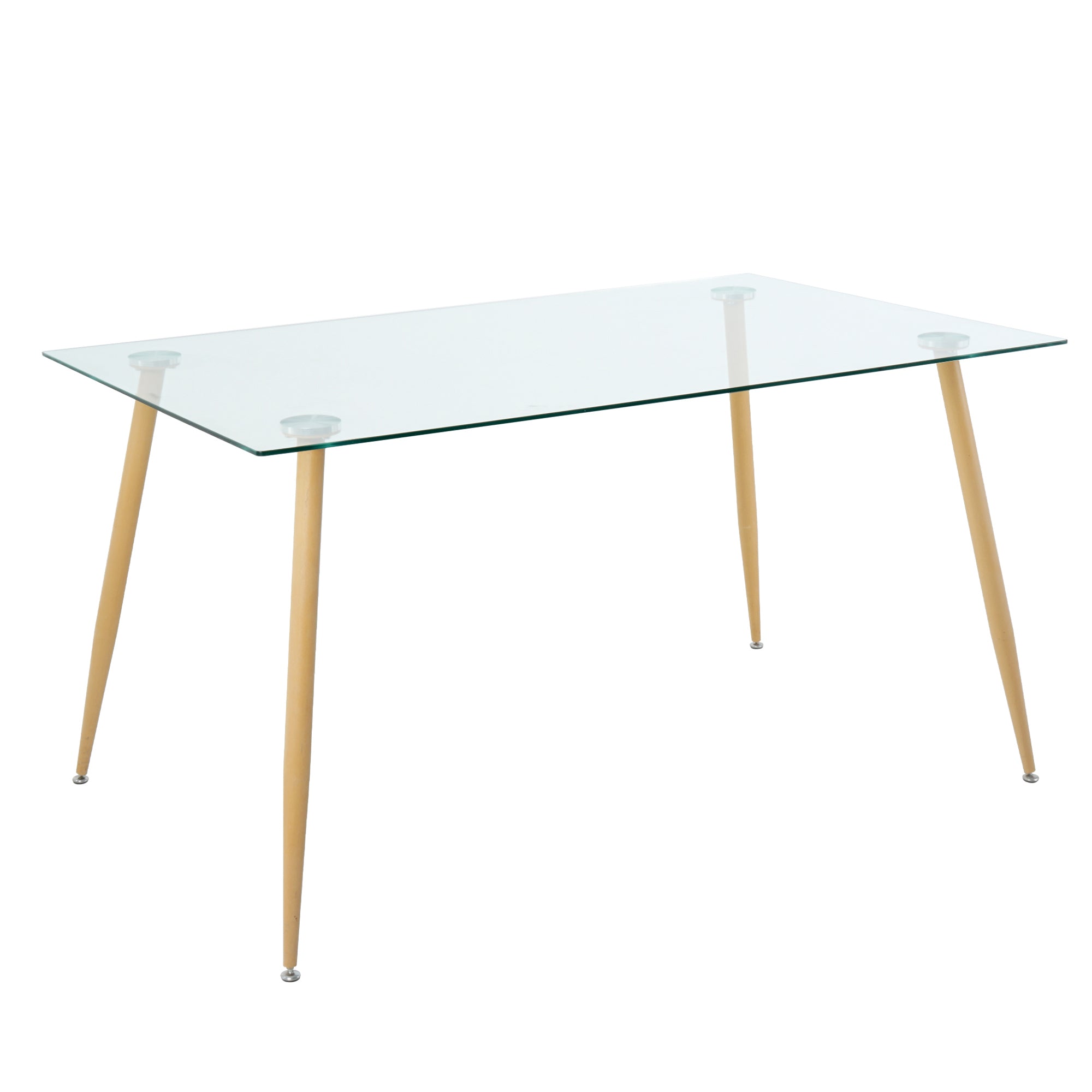 Modern Kitchen Glass Dining Table 63" Rectangular Tempered Glass Table Top,Clear Dining Table Metal Legs, Wood Grain Legs Clear Rectangular Glass