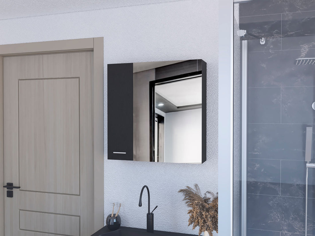 Medicine Cabinet Prague, Four Internal Shelves, Single Door, Black Wengue Finish Black Particle Board