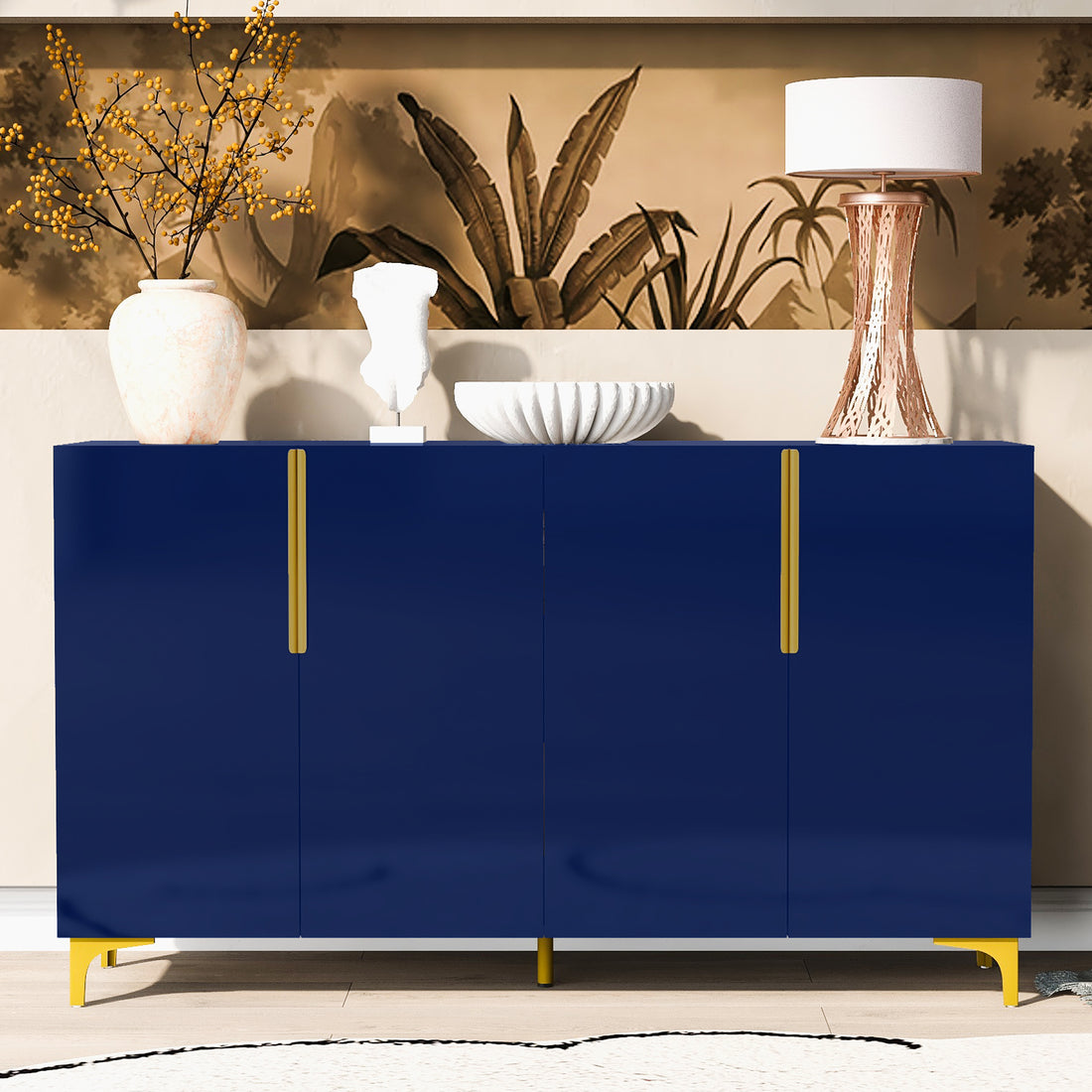 Glossy Finish Light Luxury Storage Cabinet, Adjustable, Suitable For Living Room, Study, Hallway. Navy Blue Mdf