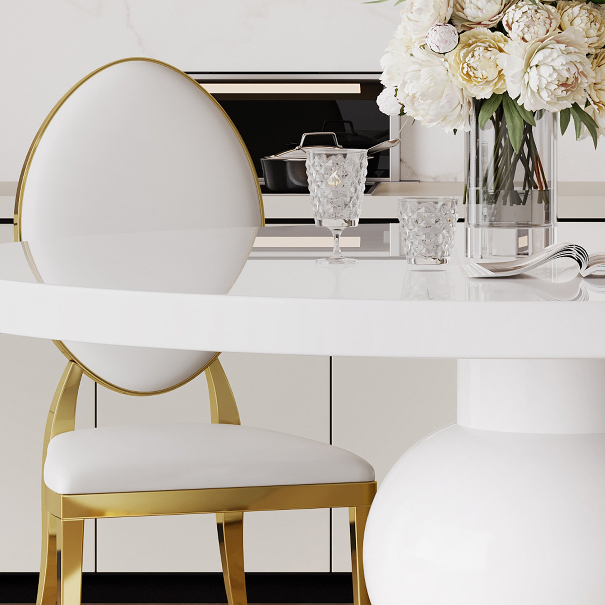 59" Round White Mdf Dining Table, Base With Gold Finish Stainless Steel Circle White Gold Mdf