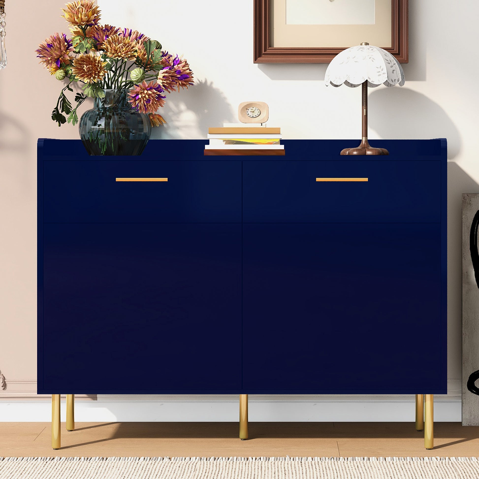 Wooden Storage Cabinet With Drawers, Steel Pipe Table Legs, Suitable For Hallway, Study, Living Room. Navy Blue Mdf