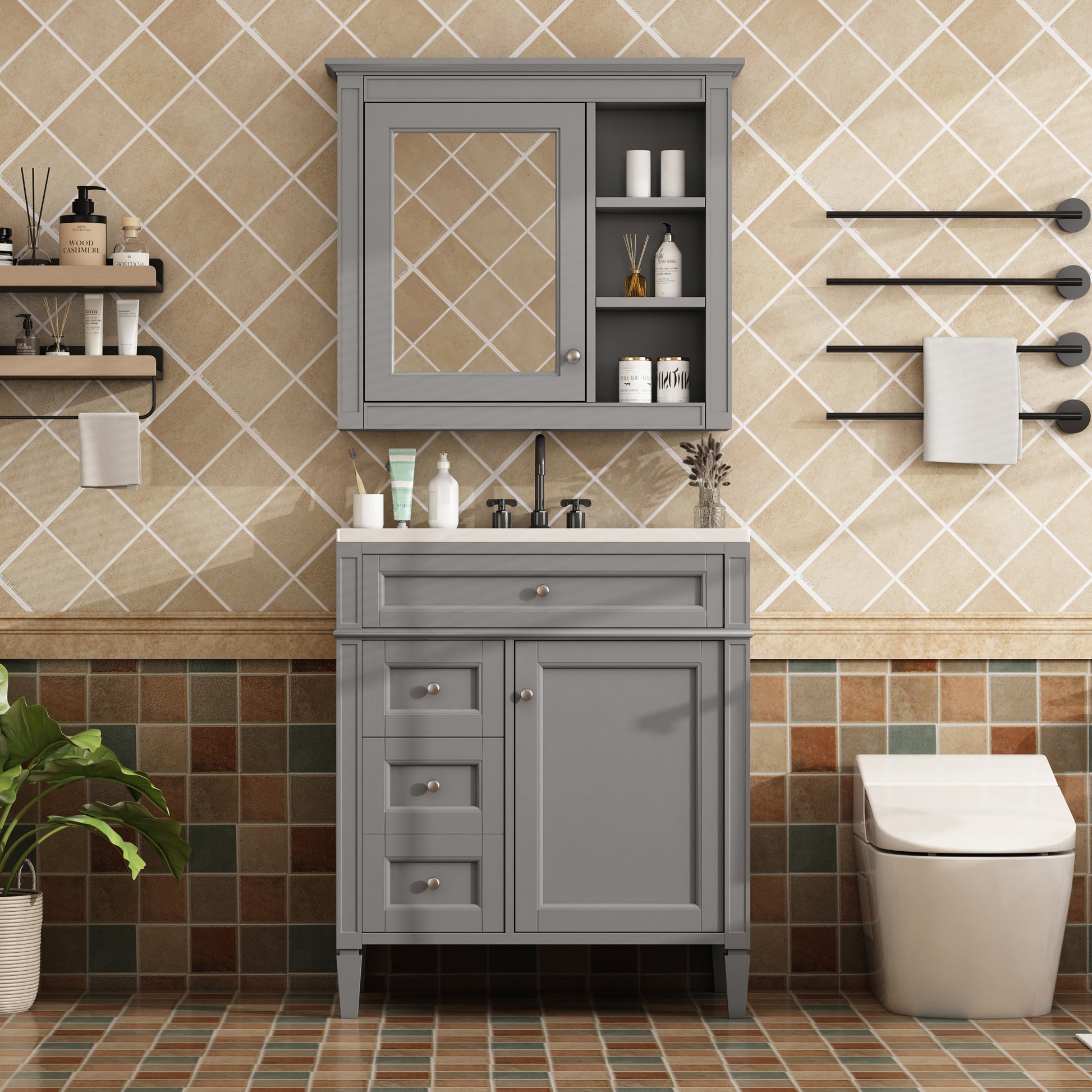 30'' Bathroom Vanity With Top Sink, Modern Bathroom Storage Cabinet With 2 Drawers And A Tip Out Drawer, Freestanding Vanity Set With Mirror Cabinet, Single Sink Bathroom Vanity 3 Grey 2 5 Bathroom Freestanding Solid Wood Mdf Resin Painted