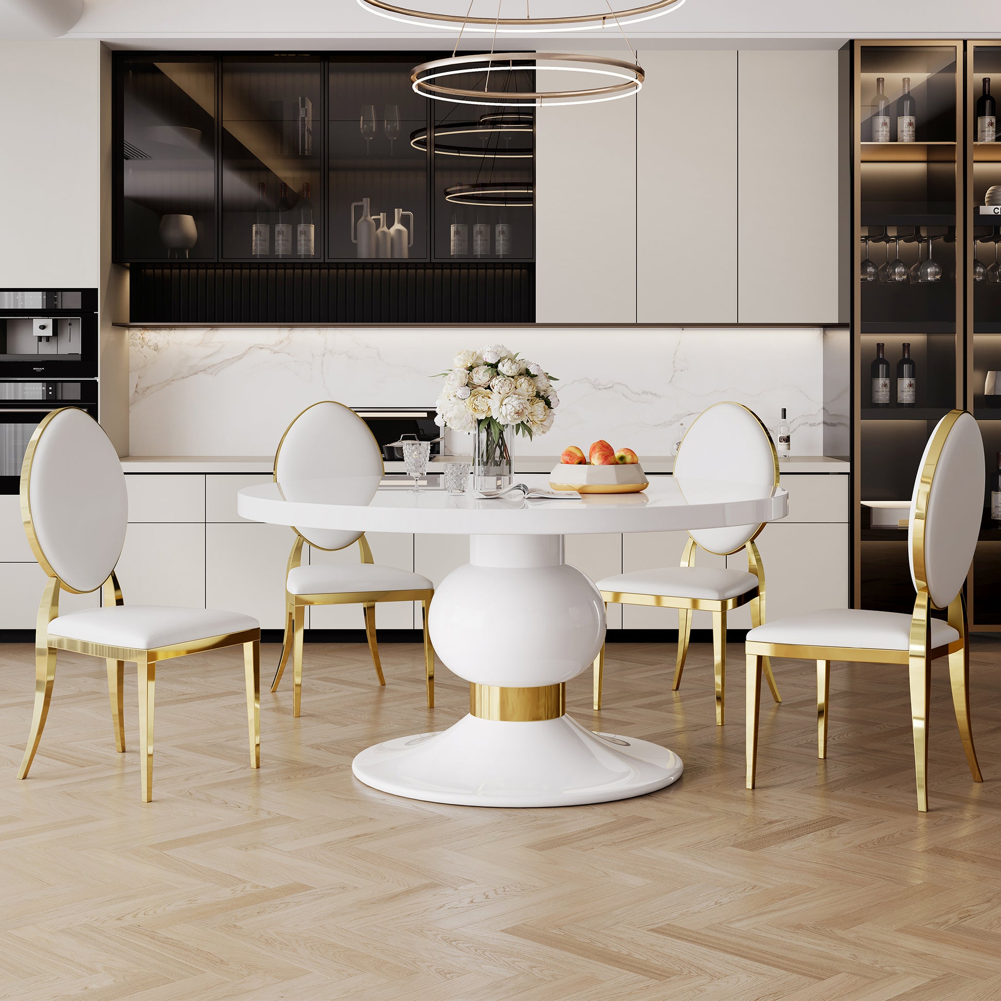 59" Round White Mdf Dining Table, Base With Gold Finish Stainless Steel Circle White Gold Mdf