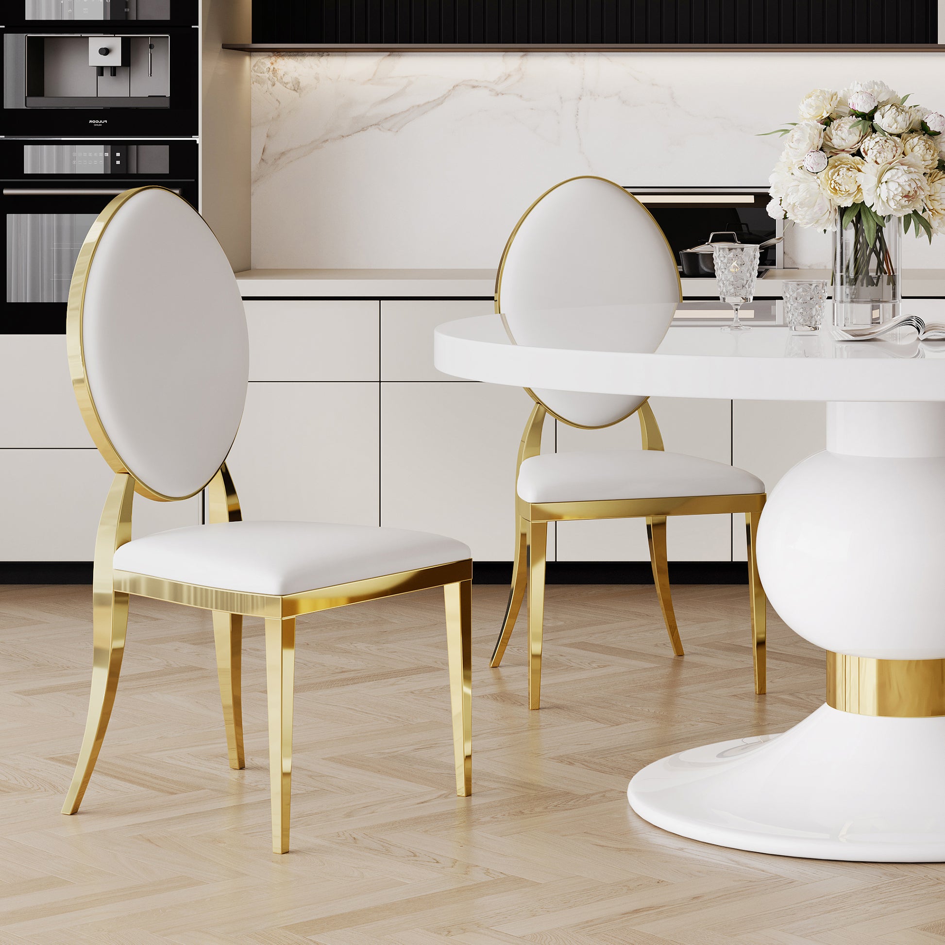 59" Round White Mdf Dining Table, Base With Gold Finish Stainless Steel Circle White Gold Mdf