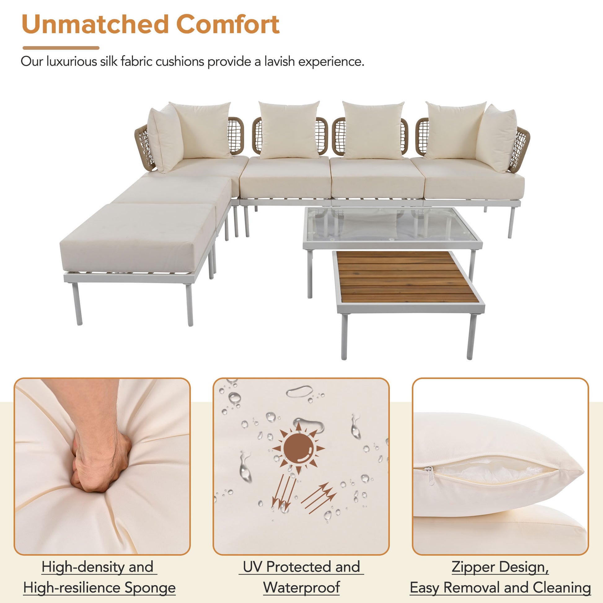 8 Piece Patio Sectional Sofa Set With Tempered Glass Coffee Table And Wooden Coffee Table For Outdoor Oasis, Garden, Patio And Poolside Beige Cushion White Steel Beige Iron