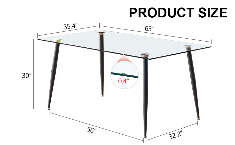 Modern Minimalist Rectangular Transparent Tempered Glass Dining Table, 0.4 Inches Thick, Black Metal Legs, Suitable For Kitchen, Dining Room, And Living Room 63 "* 35.4" * 30 " Dt 1544 Transparent Glass