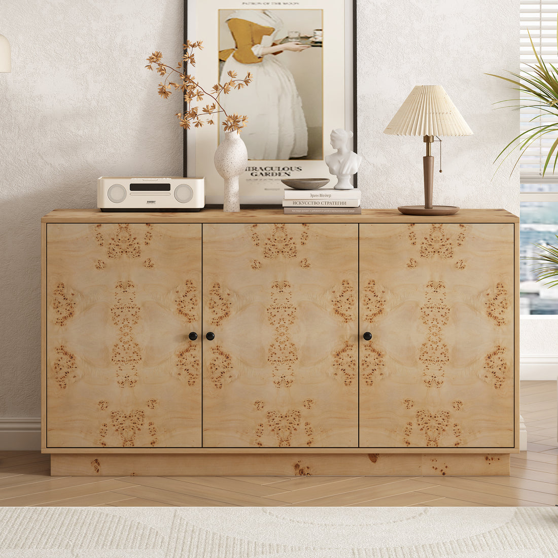 Wood Pattern Storage Cabinet With 3 Doors, Suitable For Hallway, Entryway And Living Rooms. Burly Wood Mdf