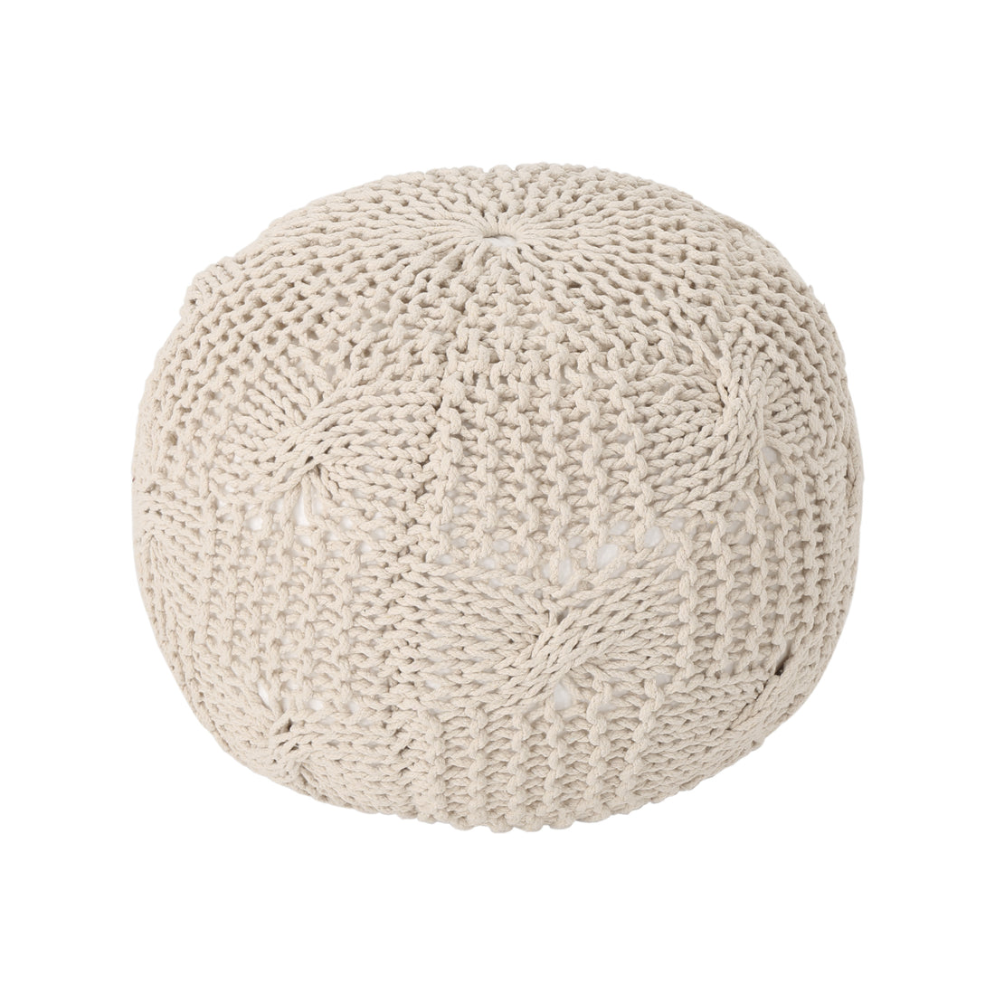 Bordeaux Knitted Cotton Round Pouf, Beige Beige Cotton