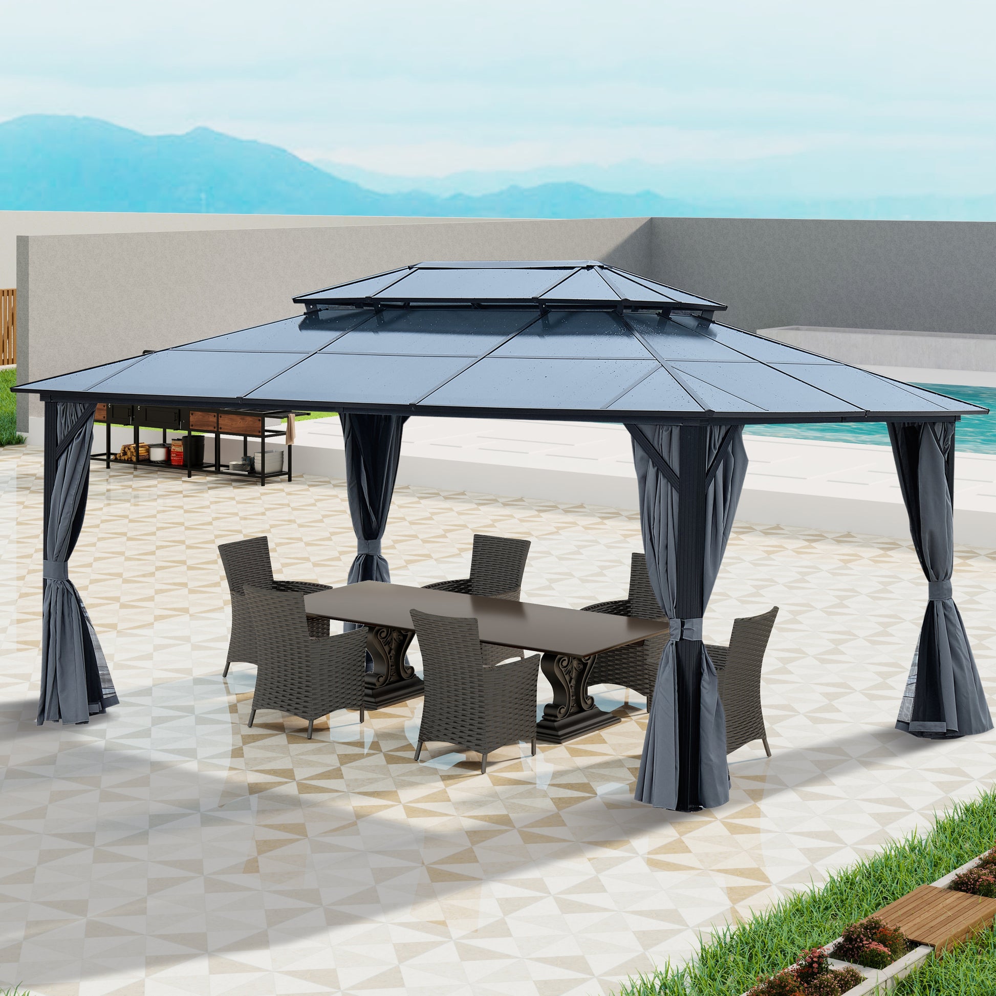 12' x 16' Gazebo Polycarbonate Double Roof Canopy