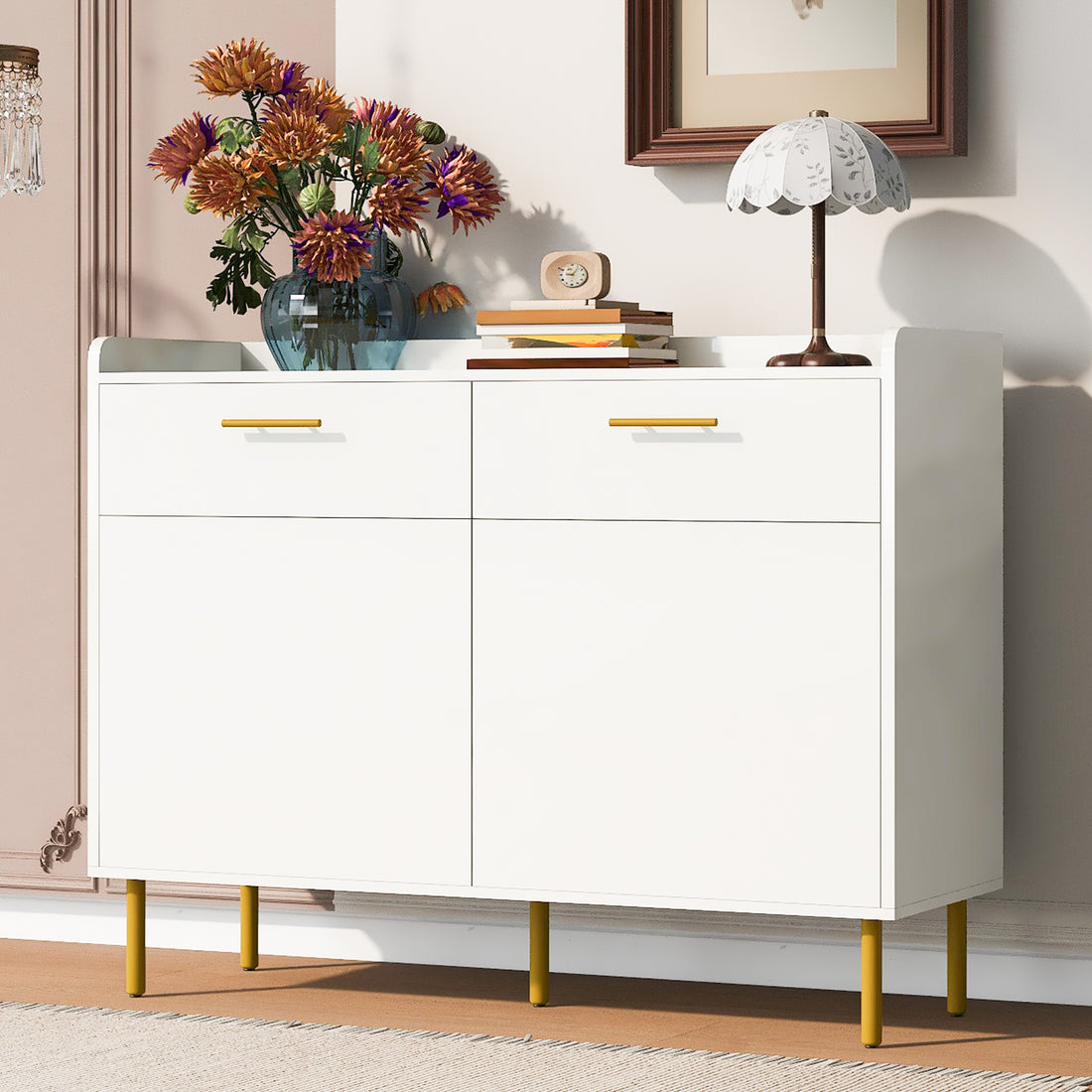 Wooden Storage Cabinet With Drawers, Steel Pipe Table Legs, Suitable For Hallway, Study, Living Room. White Mdf