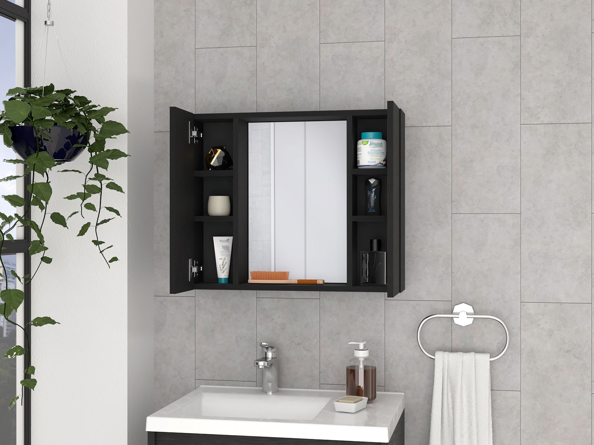 Medicine Cabinet Hops, Double Door, Mirror, One External Shelf, Black Wengue Finish Black Particle Board