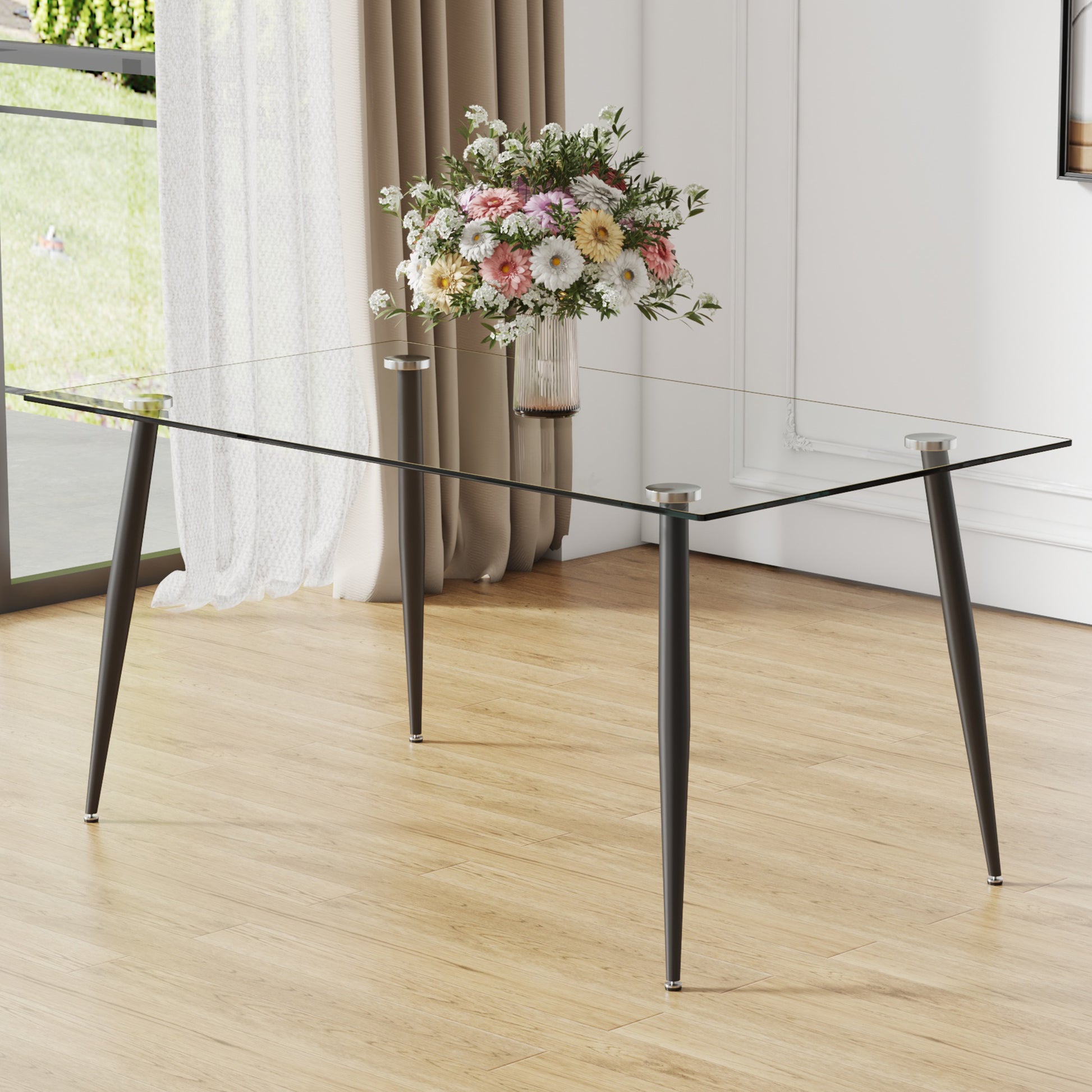 Modern Minimalist Rectangular Transparent Tempered Glass Dining Table, 0.4 Inches Thick, Black Metal Legs, Suitable For Kitchen, Dining Room, And Living Room 63 "* 35.4" * 30 " Dt 1544 Transparent Glass