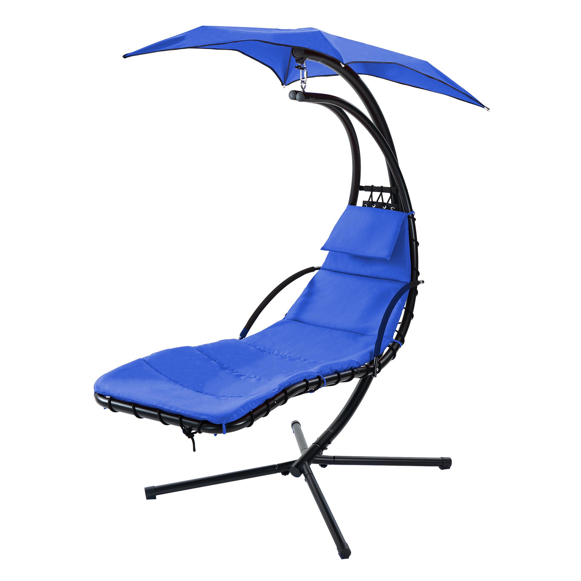Hanging Chaise Lounger With Removable Canopy, Outdoor Swing Chair With Built In Pillow, Hanging Curved Chaise Lounge Chair Swing For Patio Porch Poolside, Hammock Chair With Stand Navt Navy Metal