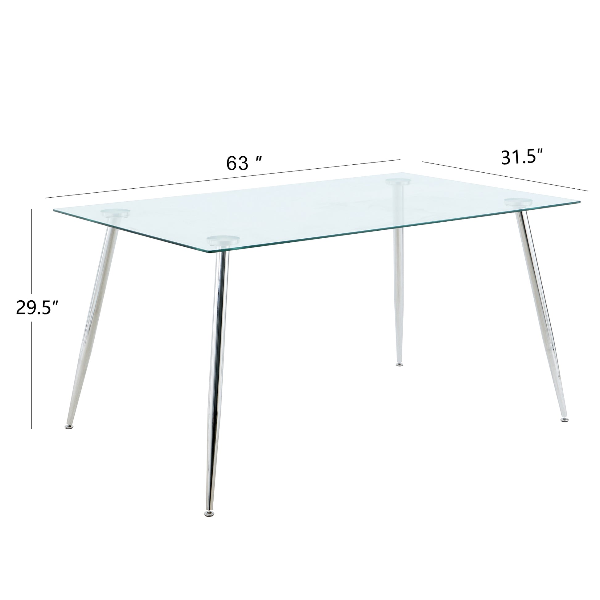 Modern Kitchen Glass Dining Table 63" Rectangular Tempered Glass Table Top,Clear Dining Table Metal Legs, Electroplated Leg Chrome Rectangular Glass